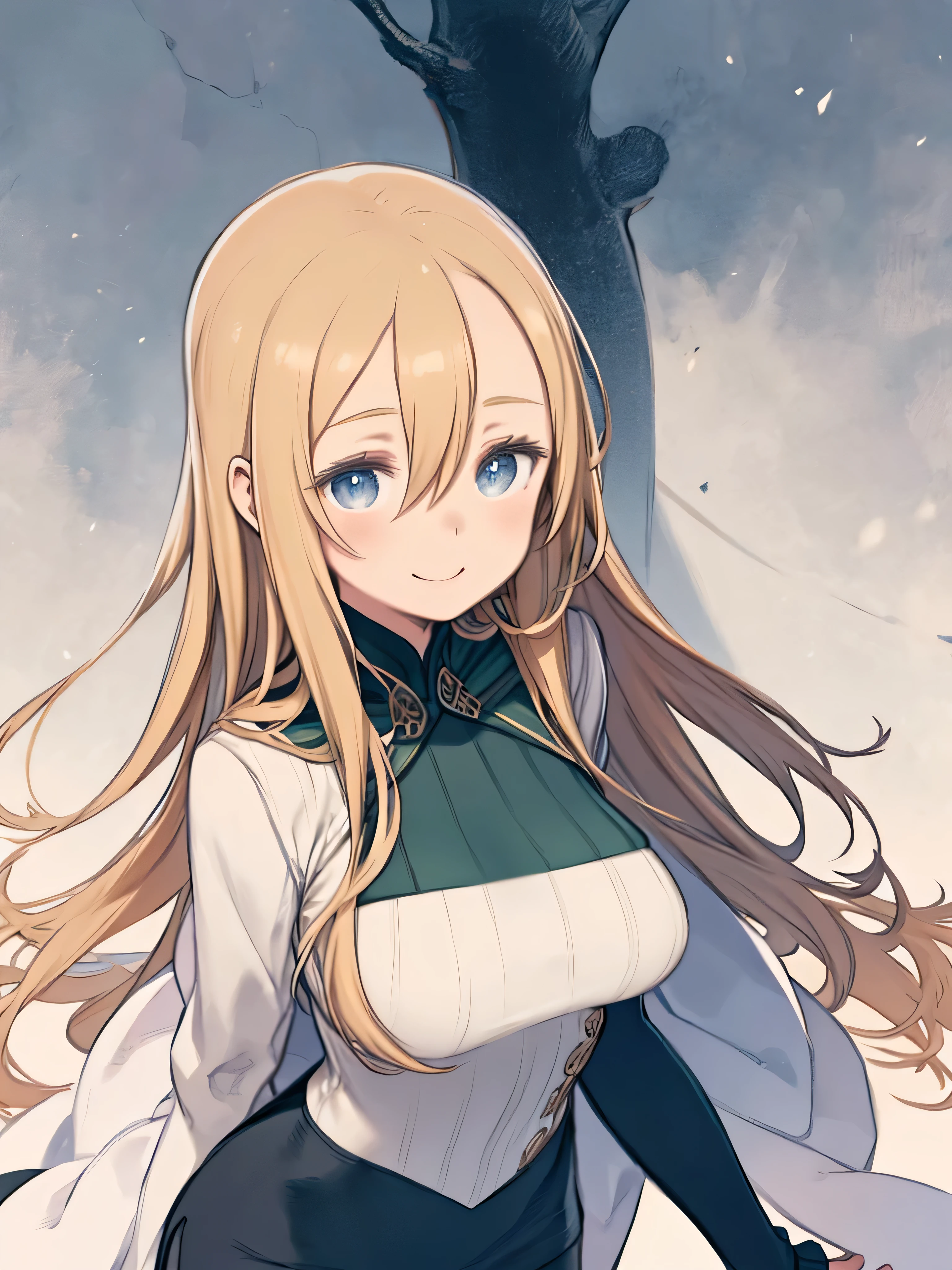 An image of a woman in ink painting style drawn in ink、 upper body、smile、Big Breasts、Thigh Gap、hair between eyes、 straight long hair 、 blue eyes、 blond hair、 front view of the company、Stand Upright、 smiles softly when they get together 、Green uniform、 turtleneck sweater、Cape、 pencil skirt 、 Long Sleeve、