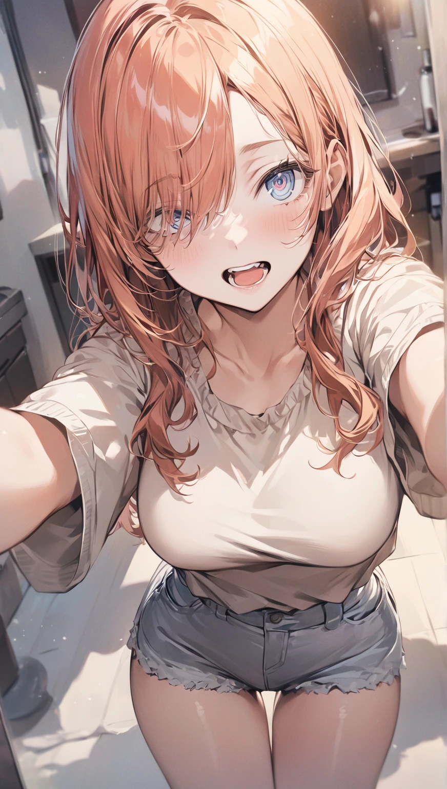 20 year old female, long orange hair, messy hair, perfect eyes, perfect silver irises, perfect pupils, thick thighs, baggy black shirt, shorts, comfy clothes, many ear piercings, ahegao face, tounge out, close up, face shot, flustered, messy bedroom, otaku bedroom, sitting on bed, highly detailed, best detail, best hands, right forearm tattoo, perfect tattoo