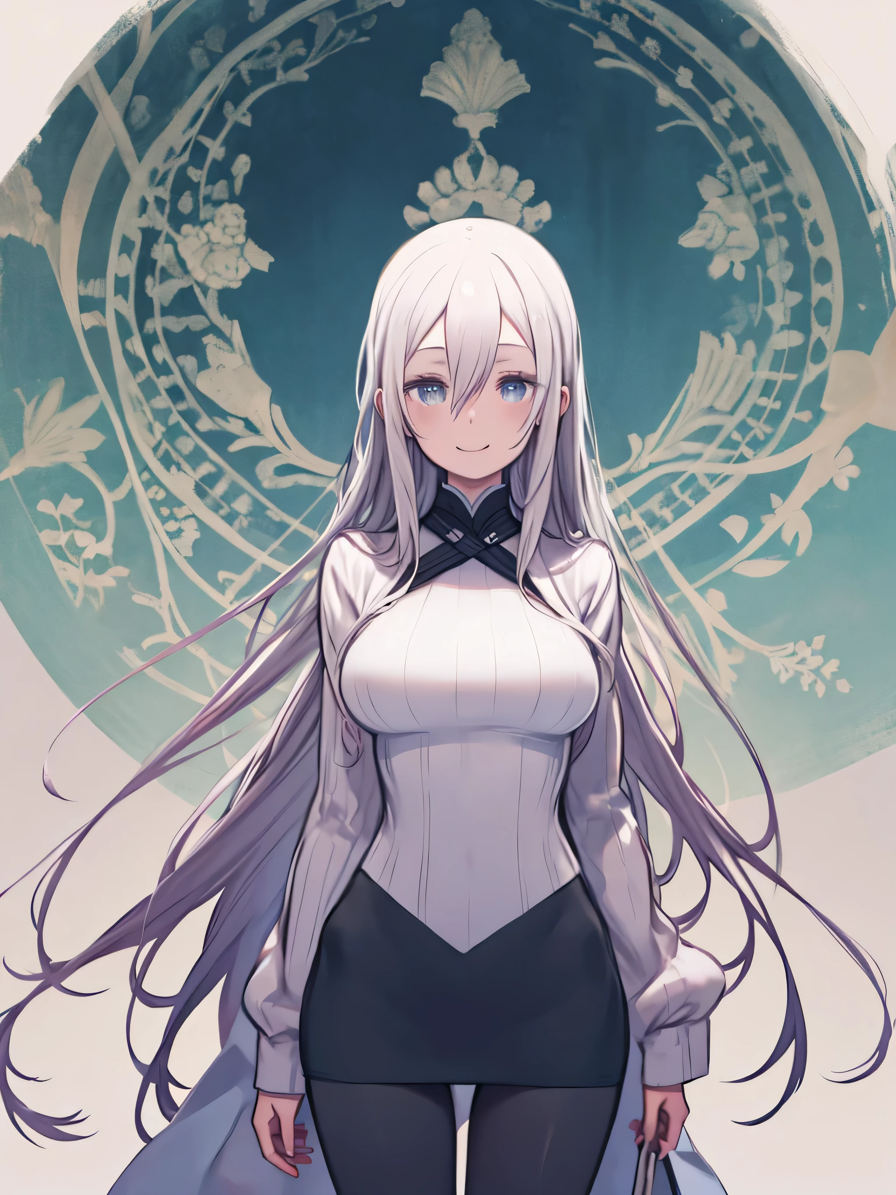 An image of a woman in ink painting style drawn in ink、 upper body、smile、Big Breasts、Thigh Gap、hair between eyes、 straight long hair 、 black and white、 front view of the company、Stand Upright、 smiles softly when they get together 、 turtleneck sweater、Cape、 pencil skirt 、 Long Sleeve、 pantyhose