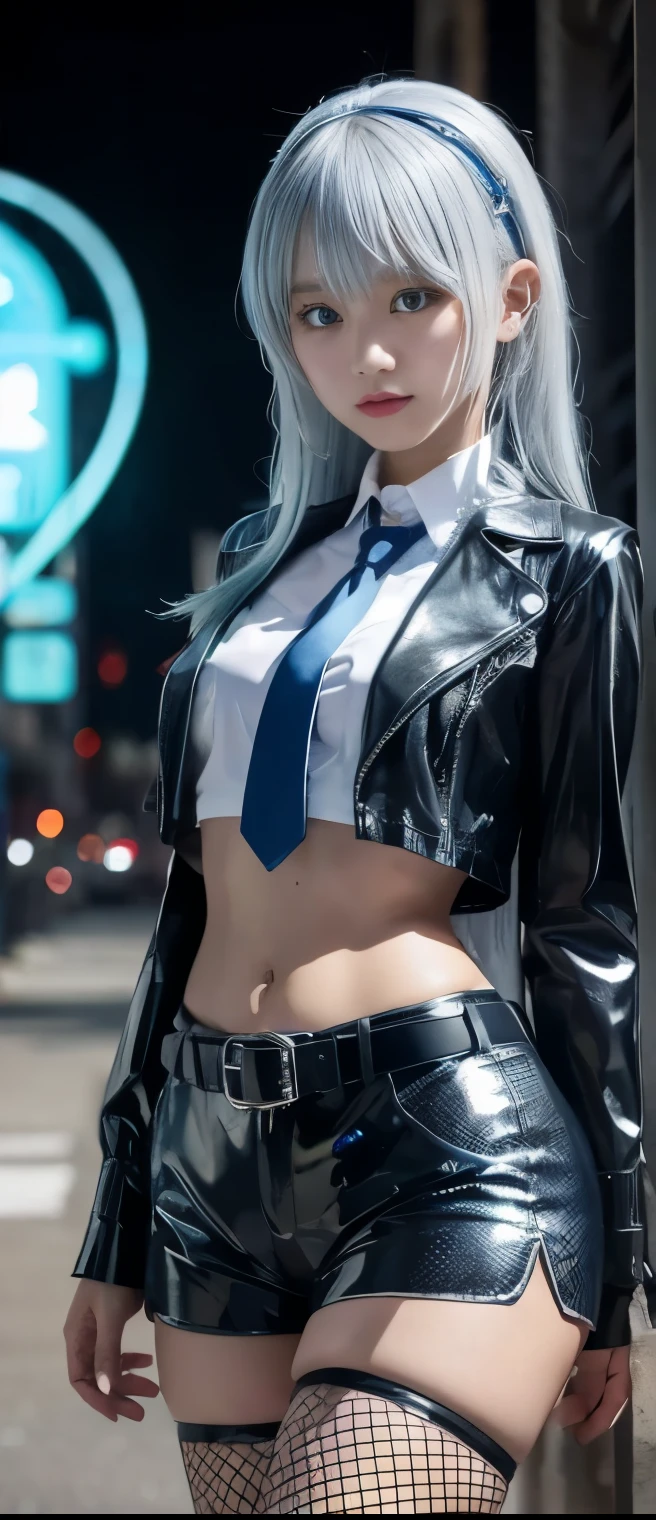 Fancy Idol Girl ( silver hair)、A pure girl's face、 hypo、shiny blue shirt with tie、 White Latex Tight Shorts、Skeleton Belt、 fishnet、Glowing Punk Town