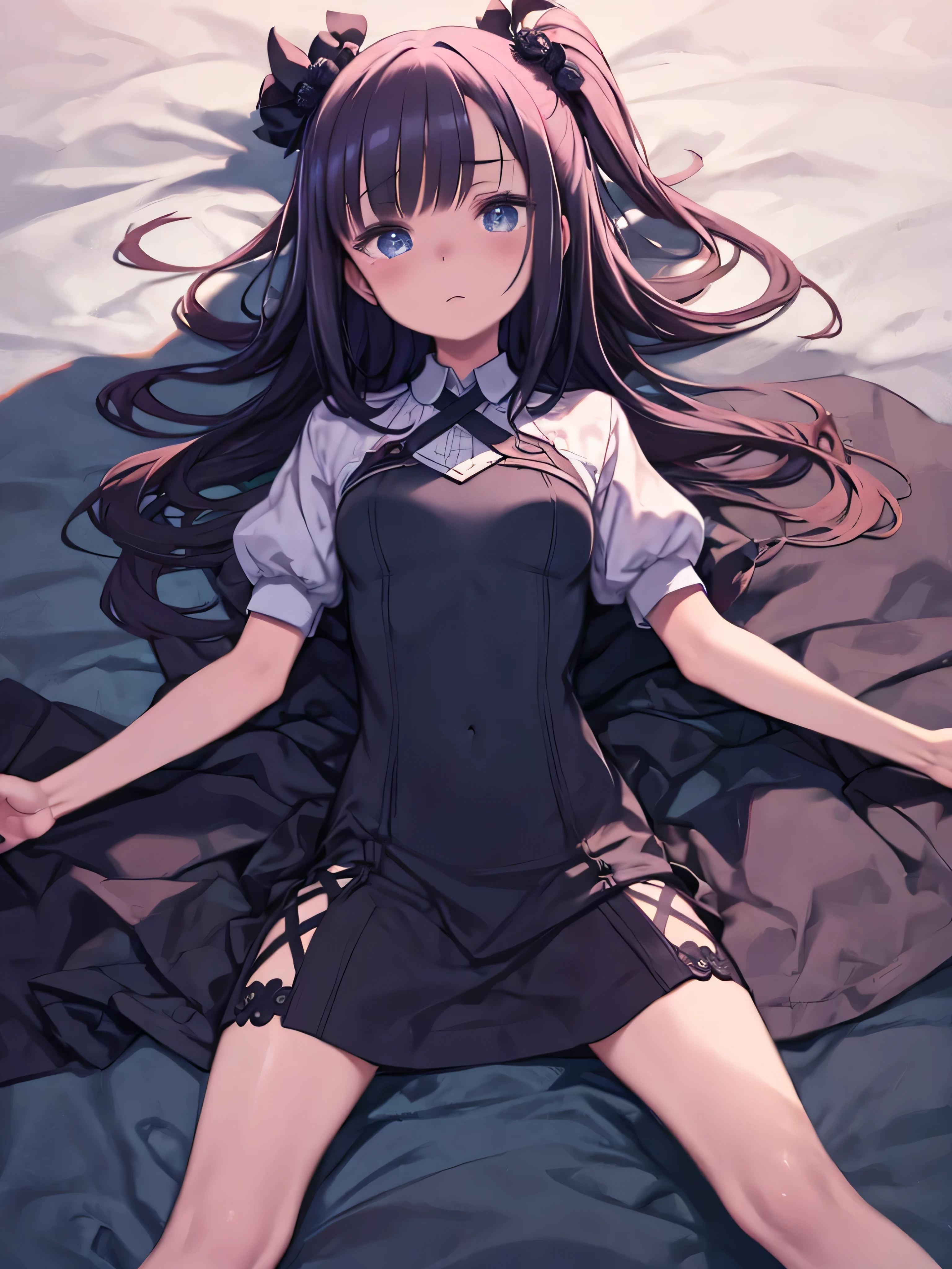 ((Best Quality)), ((masutepiece)), (Detailed), Perfect face, Very Detailed, masutepiece, Best Quality, Official art, Extremely Detailed CG Unified 8k Wallpaper, Dynamic eyes, Full body portrait , (((Having with a man))), lying on one's side on bed, Shy, (((M-shaped legs)))Steam comes out of the mouth, Heart Eye, trendy style, Long black hair, shoulder-length hair, enamel style clothes, In a sexy atmosphere, ((dark blue skirt with green lace)), ((black jacket with blue stripes)), JK Short Skirt, ((Watery eyes))