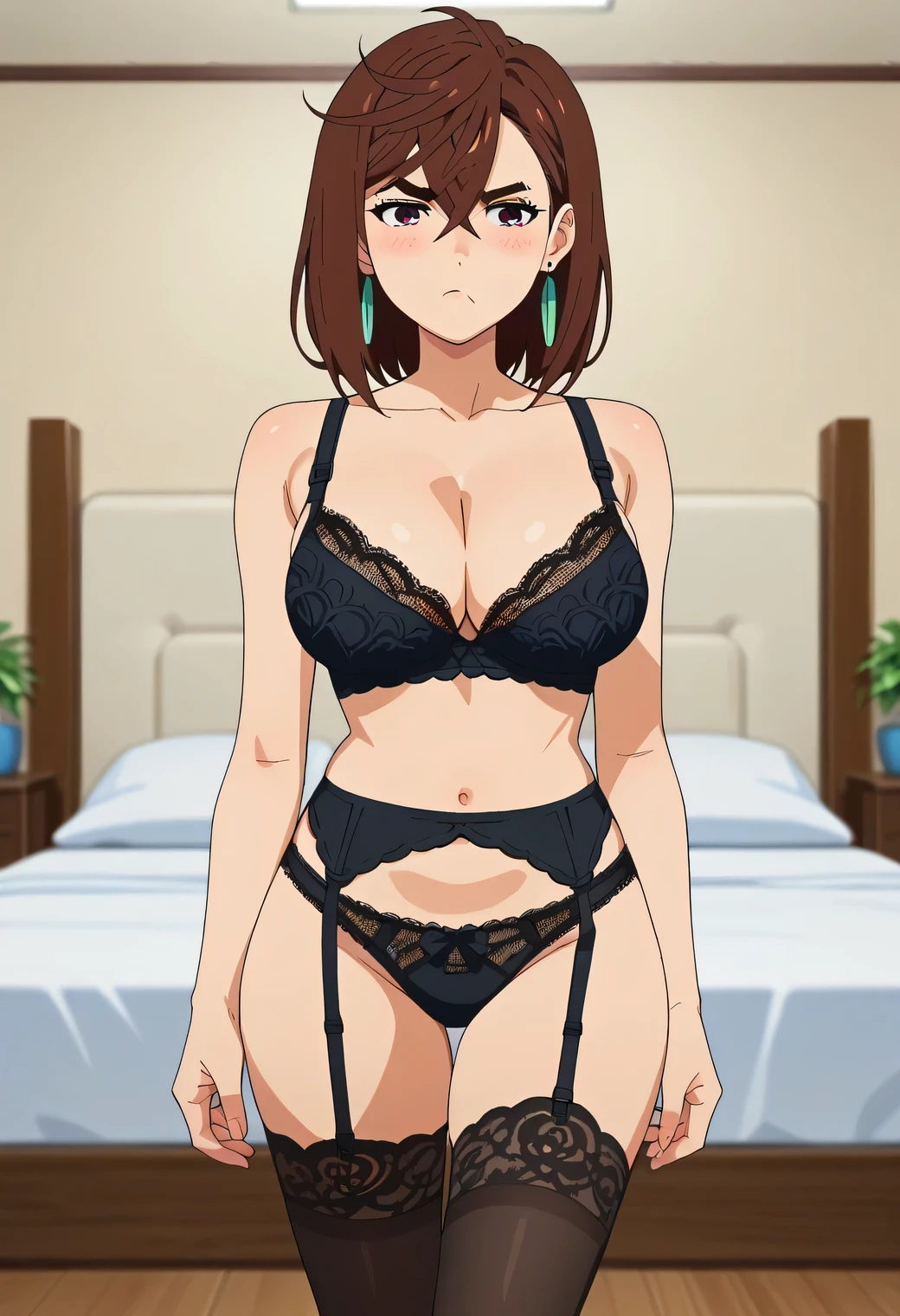 score_9, score_8_up, score_7_up, anime screencap, source_anime, 1girl, solo, KJOmomo, brown hair, brown eyes, medium hair, hair between eyes, thick eyebrows, earrings, pout, blush, bedroom, large breasts, CLEAVAGE, big breasts, black lace panties, black lace garter, garter, black lace bra, black stockings, standing, nice legs