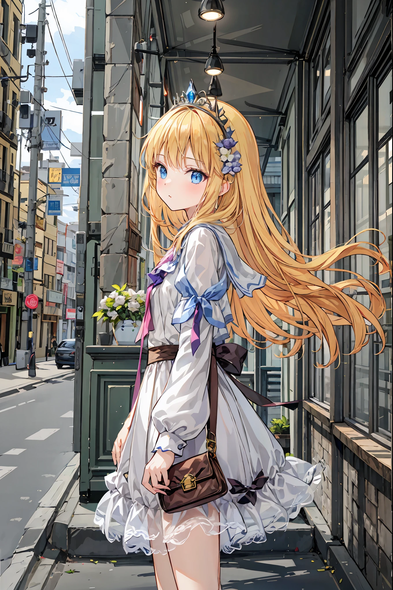 beautiful illustration, top quality, cute girl, indoor, ( princess), white dress, tiara , ( small), long blond hair, from side, city, cowboy shot