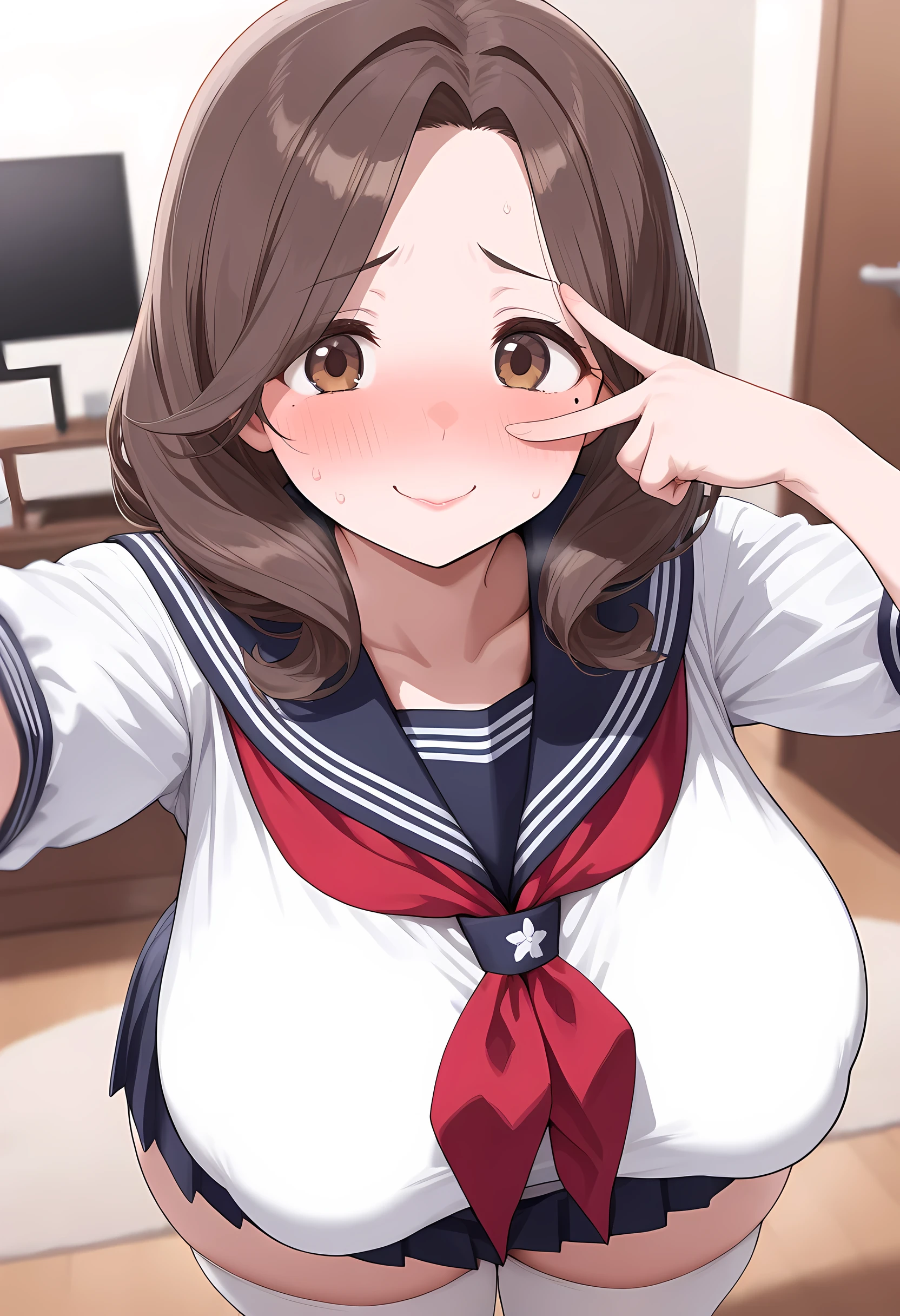 (ultra-detailed:1.5),(face focus, dynamic angle :1.2), Alone, mature female, curvy,milf,house wife,v over eye, serafuku, red neckerchief , white knee high socks, ( huge tits, saggy breasts:1.3), big butts, big thighs , (Detailed brown eyes:1.3), plump lips , A mole under one eye ,(nervous smile, embarrassed face ), brown hair, medium hair, parted bangs, forehead, living room ,(super detail, high details, highres, 8k, best quality, masterpiece, extremely detailed CG, clear, ultra high resolution, accurate, perfect anatomy,super detailed skin, beautiful detailed face, beautiful detailed eyes, beautiful detailed hands)
