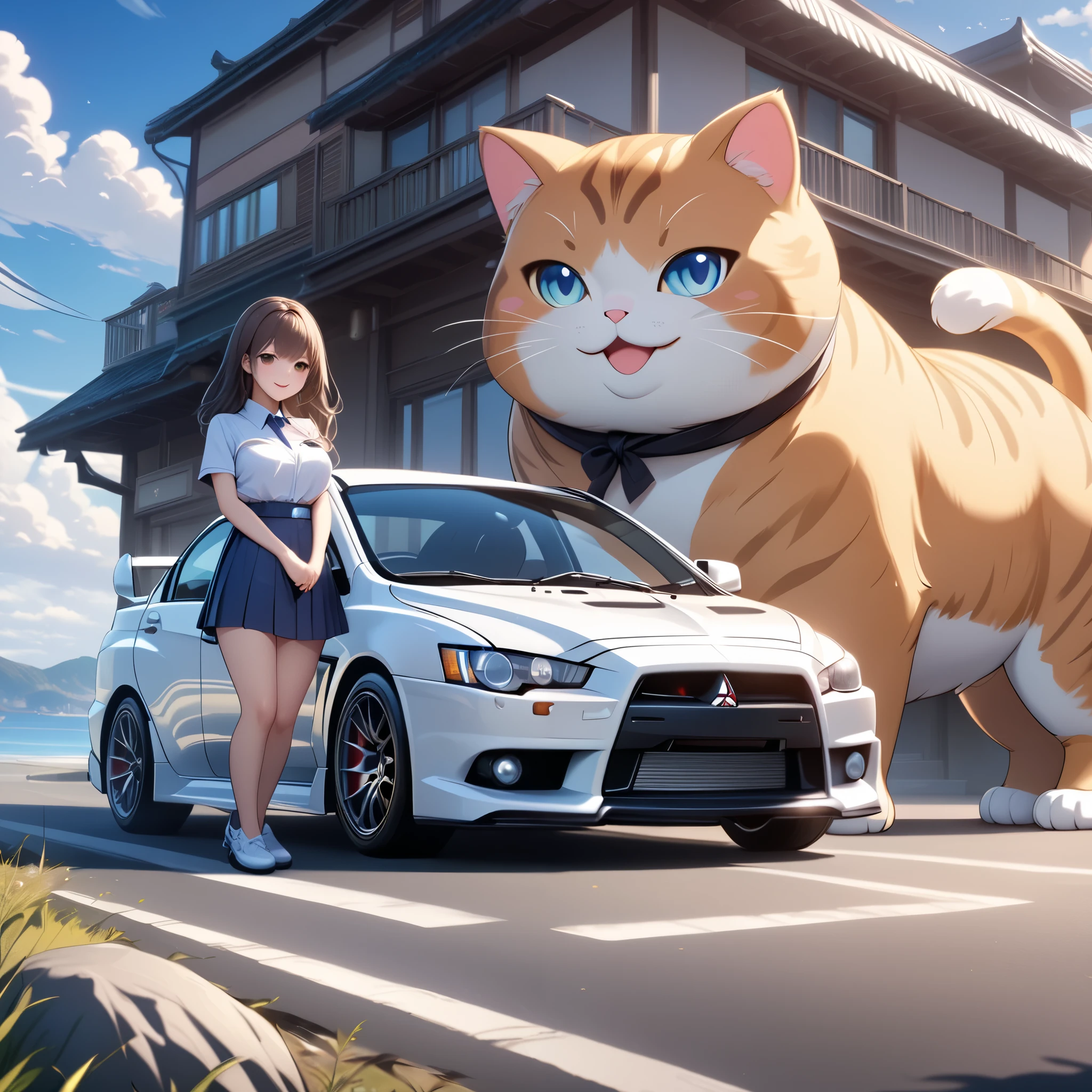 (masterpiece), (ultra-detailed:1.3), best quality, clear focus, dramatic scene, cinematic, shadow, (ultra-high resolution:1.3), (8k:1.3), perfect anatomy, perfect face, (detailed face), (detailed eyes:1.2), (chibi:1.3), 1 girl\(chibi, famous Japanese chibi idol girl, very beautiful and cute but cool face, wearing a very cute office worker's uniform, medium breasts\), cute giant fat cats\(giant fat cat, cute, big, tall, mewing, happy, purring, paw, smile, detailed\), (A girl is driving the Mitsubishi Lancer Evolution with giant fat cat:1.3), happy smile, peaceful atmosphere, at the scenic seaside driveway in the winter day, (detailed giant fat cat is mewing on the car:1.2)