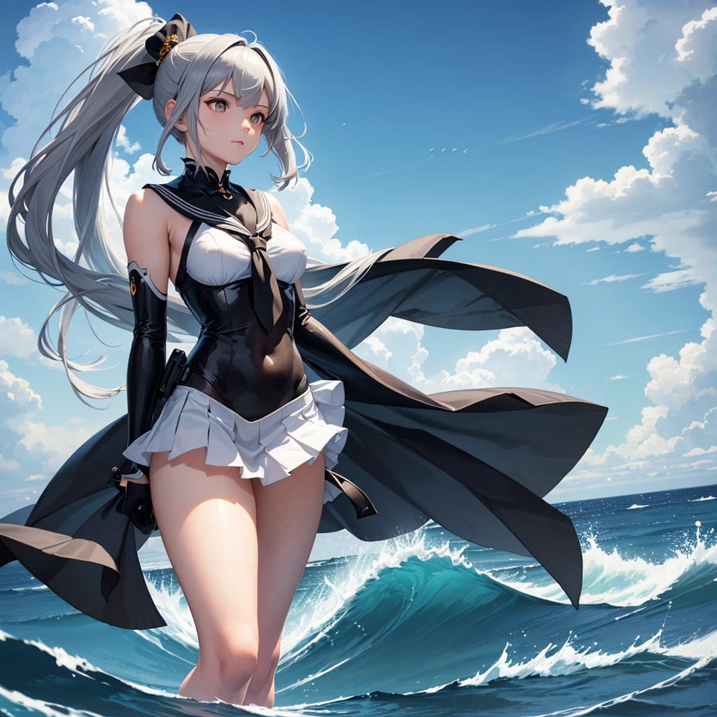 silver hair, fly away, pretty, medium breasts, flashy bust, black thong, regatta, deitada em uma cama, suada
