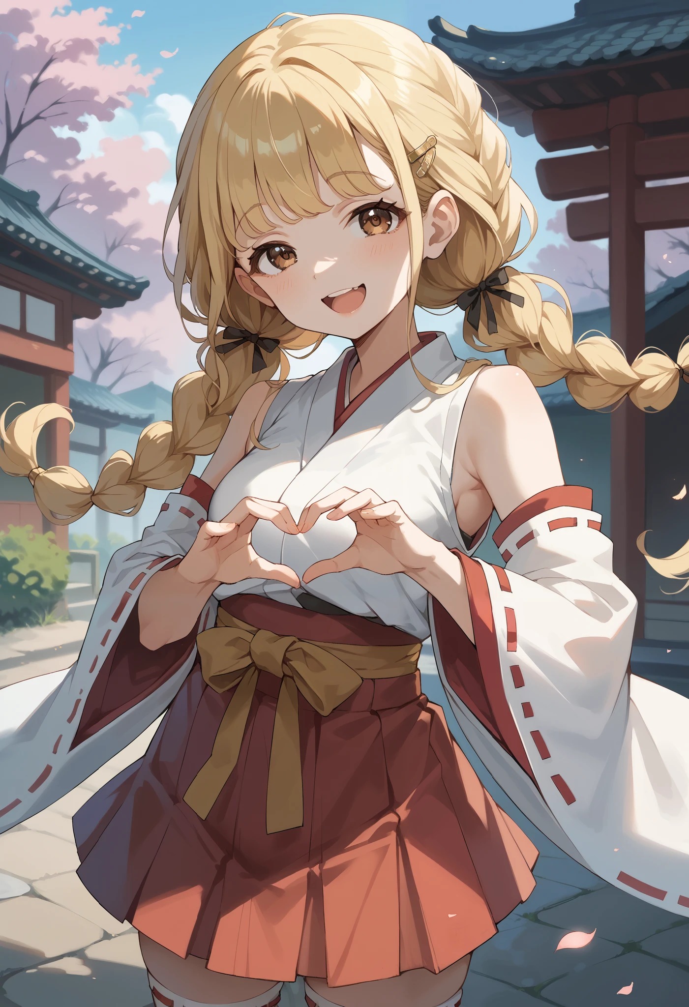 score_9, score_8_up, score_7_up, score_6_up, score_5_up, score_4_up,newest,fujita kotone,brown eyes, blonde hair,twin braids,hair ornament,(white hairclip:0.8),smile,open mouth,standing,nontraditional miko,hakama short skirt,sleeveless,detached sleeves,thighhighs,ribbon-trimmed legwear,heart pose,looking at viewer,upper body,
