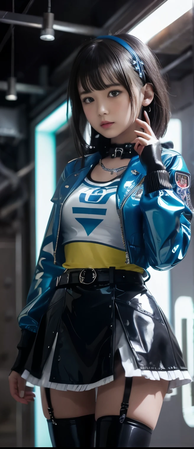 Cool Idol Girl 、A pure girl's face、 hypo、shiny blue punk jacket、 White Latex Tight Mini Dress、Skeleton Belt、、Glowing Punk Town