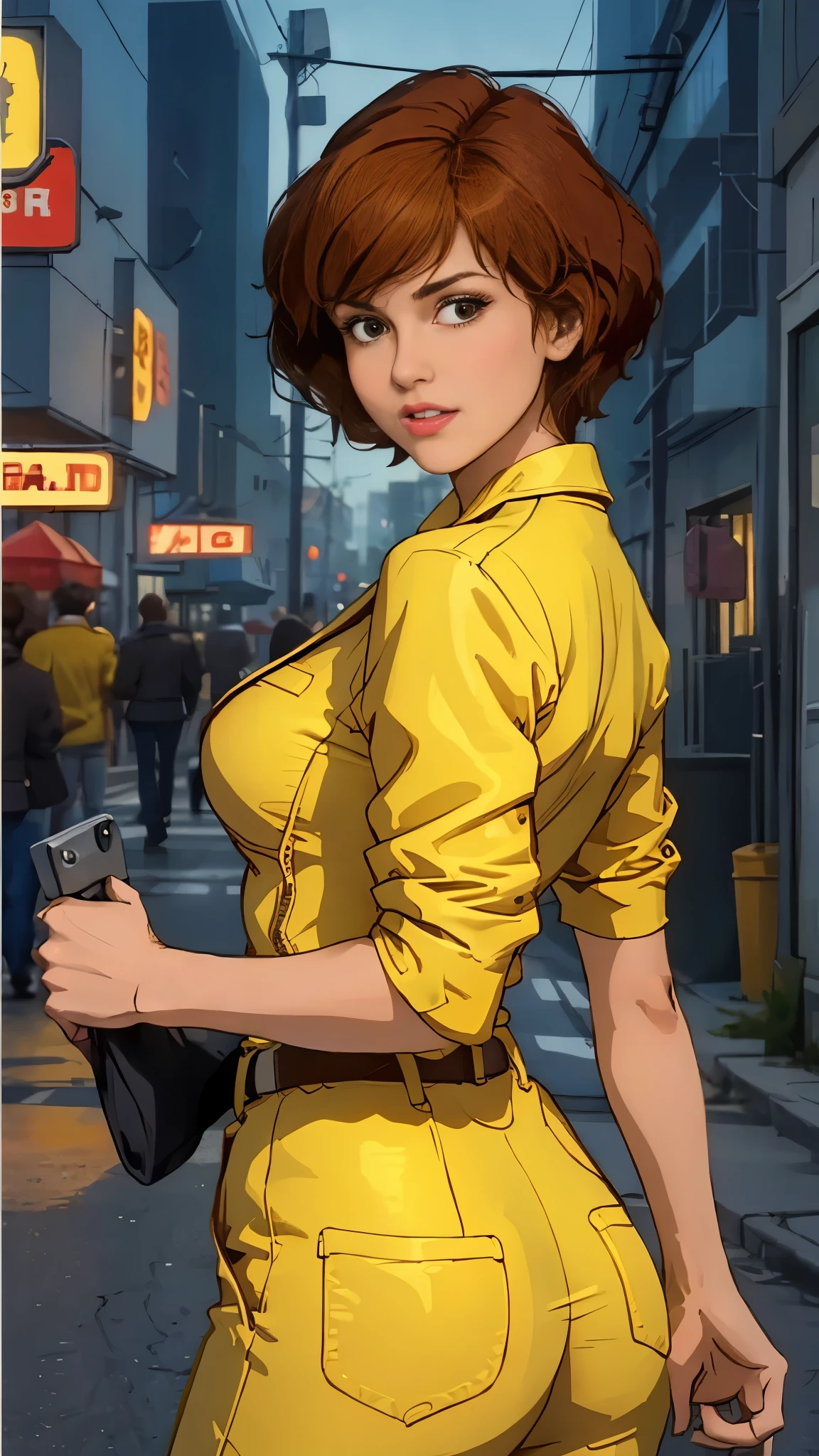 (masterpiece, best quality:1.4), (sitting on the road1.4), (dinamic pose:1), 1girl, solo, (european youth:1), aprnil, (a woman in yellow jumpsuit, one-piece jumpsuit), short red hair, white boots, sleeves rolled up, (photorealistic:1.4, masterpiece, sidelighting), full length, detailed background, outside, industrial zone background, narrow street, night, puddles on asphalt, reflection, small moon in sky, starry, after rain, beautifull smile, beautiful face, highly detailed face, highly detailed eyes, highly detailed skin, skin pores, subsurface scattering, realistic pupils, full face blush, full lips, detailed background, depth of field, volumetric lighting, sharp focus, absurdres, realistic proportions, good anatomy, (realistic, hyperrealistic:1.4), 16k hdr,