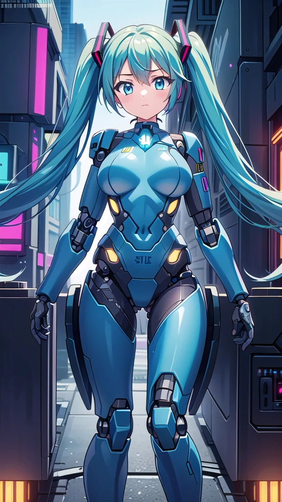 1girl, solo, (hatsune miku), big breasts, aqua hair, aqua eyes, twintails, heavy cybernetic boots, heavy cybernetic gauntlets, heavy cybernetic leotard, high heels, (heavy cybernetic visor:1.1), cybernetic face mask, cybernetic armor plating, mechanical parts, determined, glowing neon, thrusters, armor cooling vents, android, science fiction, motorcycle, mobile suit, good_face:0.8