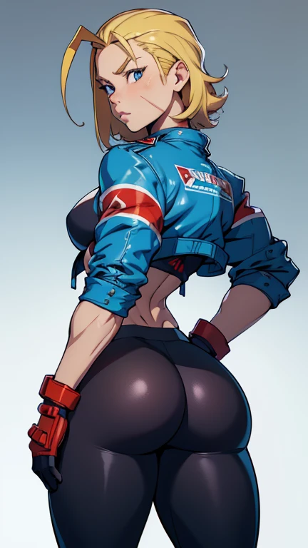 1 girl, Caucasian, ((detailed face)), Cammy ((jacket)), (blue jacket on top) [black sports shirt] and (black yoga pants), (circumflex blonde hairstyle, short hair), beach (arms behind back), (bend over), straddling her giant ass on the beach.