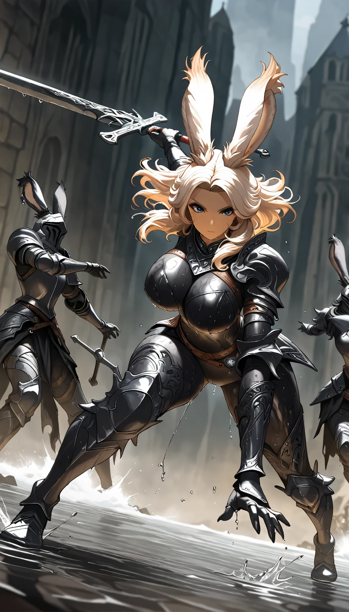 ((((  Masterpiece)))), ((((  top quality)))),   high resolution,fine grain,  detailed face,   wet,viera,The Dark Knight,   Greatswords ,  Armor only ,   action,  big breasted with cross eyes ,   full body shot 