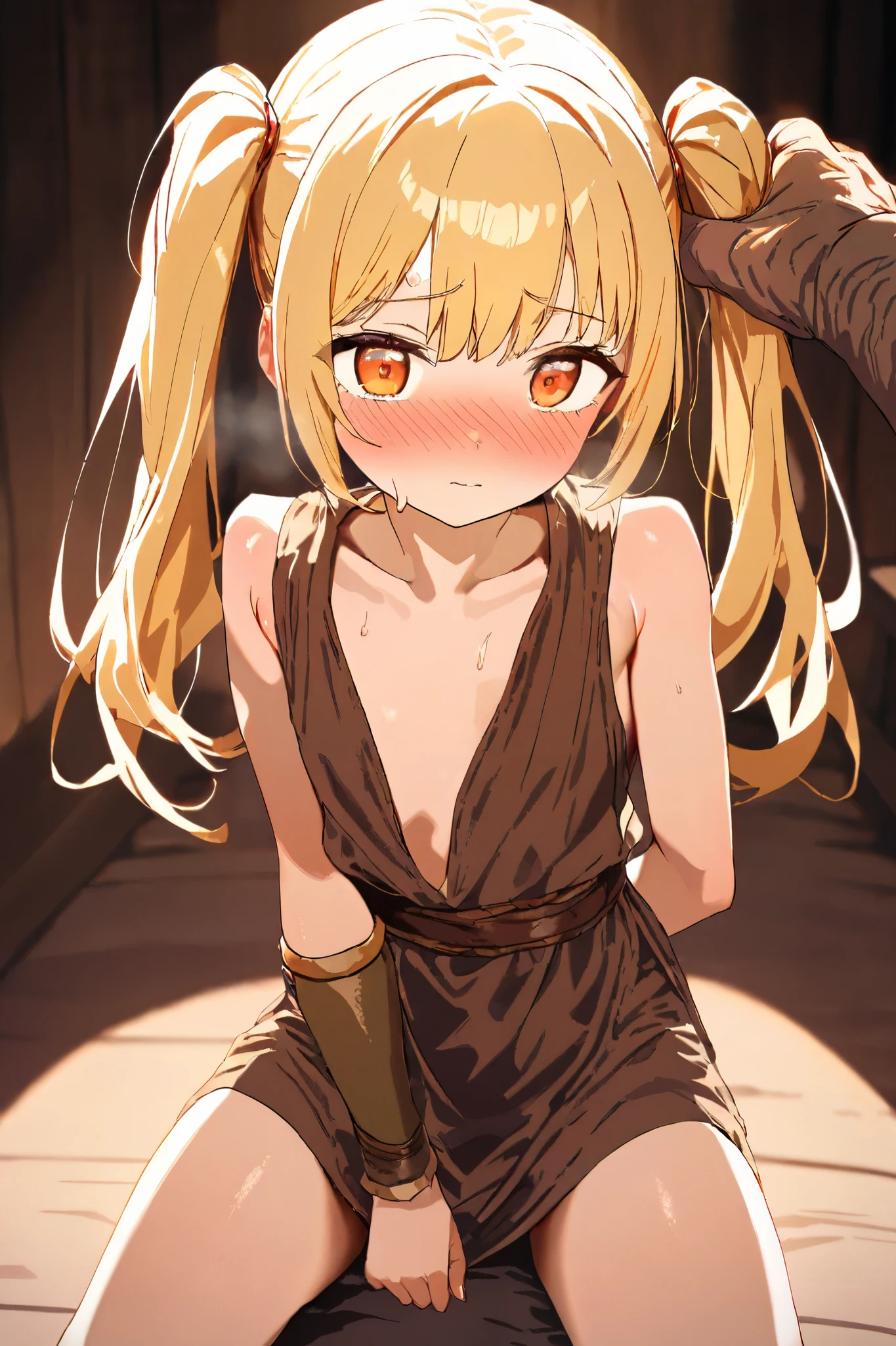 Woman attacked by monster、Blonde、Sharp, pointed ears、Short Bob、short hair、Small size breasts、Flat Chest、Visible nippleini tank top dress、Tattered Dress、Wearing a light brown dress、barefoot、Urinating in a cave、Spread your legs、Squat positions、Open your mouth、Blushed face、Embarrassing、Closed eyes、Shortness of breath、Suppressed、Handcuffs、Shackles、Bound in chains、Hands above head
