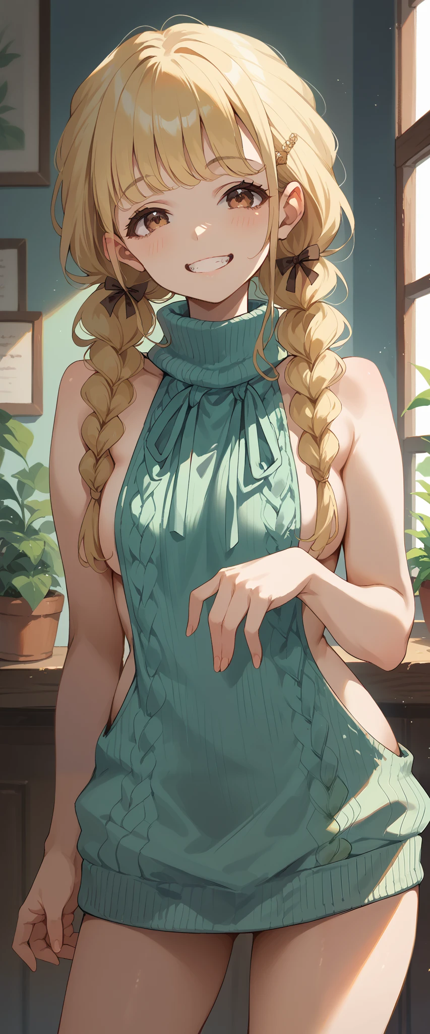 score_9, score_8_up, score_7_up, score_6_up, score_5_up, score_4_up,newest,fujita kotone,brown eyes, blonde hair,twin braids,hair ornament,(white hairclip:0.8),grin,standing,virgin killer sweater,looking at viewer,cowboy shot,