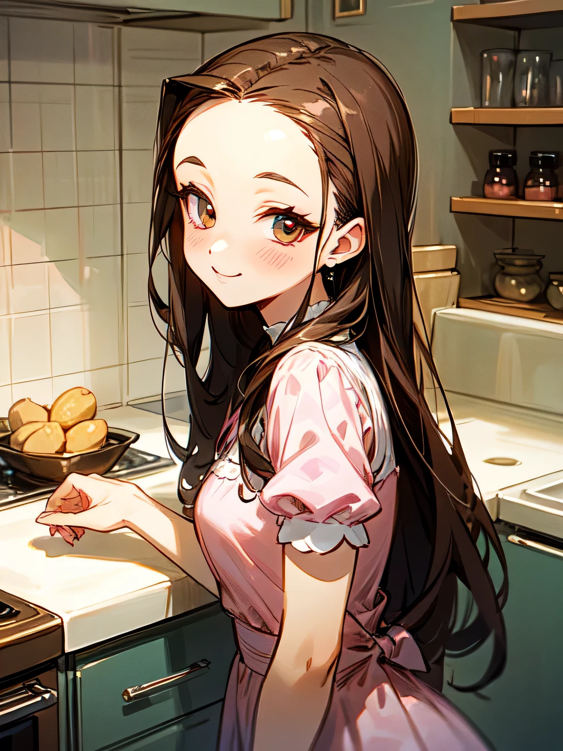 Alone,upperbody,looking at viewer, older sister's facial appearance ,makeup,brown thin long hair,big forehead,valentine chocorateを手に持つ,check pattern pink dress, cute kitchen ,smile,( manga style),(sketch),(illustration), Masterpiece, best quality,