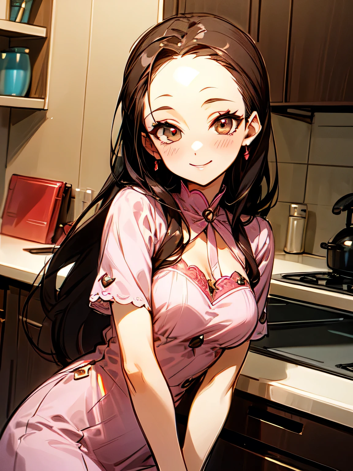 Alone,upperbody,looking at viewer, older sister's facial appearance ,makeup,brown thin long hair,big forehead,valentine chocorate,check pattern pink dress, cute kitchen ,smile,( manga style),(sketch),(illustration), Masterpiece, best quality,