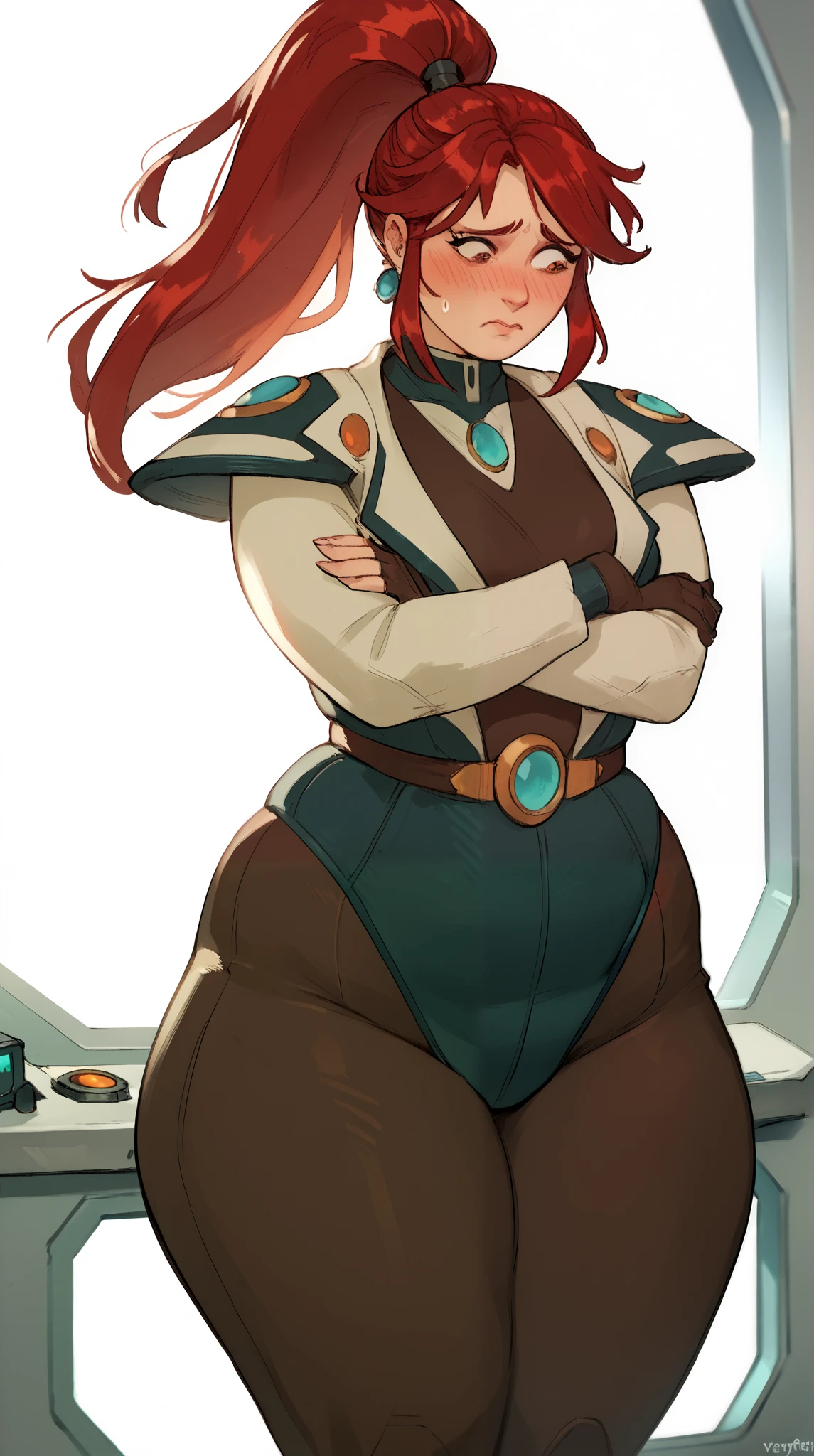 YrlietRT, 1girl, ponytail, red hair, window, galaxy, space, spacecraft, jewelry, chubby, curvy, wide hips, good bright lighting, amazing bright lighting, light, chubby waist, embarrassed, blushing ,ashamed, trying on her suit, score 9, score 8 up, score 7 up, score 6 up, score 5 up, score 4 up, BREAK,