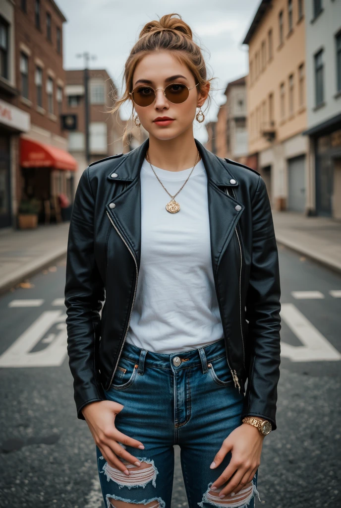 (masterpiece:1.2, best quality), 1lady, solo, upper body, big , Chic and edgy leather jacket paired with a classic white t-shirt and distressed jeans Confident and effortless with minimal makeup and a messy bun (Music festival or a trendy downtown neighborhood) Statement sunglasses and chunky jewelry, with a cross-body bag for convenience