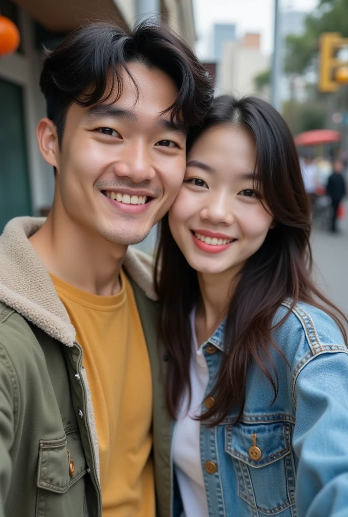 A selfie of a young Chinese couple，A face filled with happiness，outdoor，super realistic