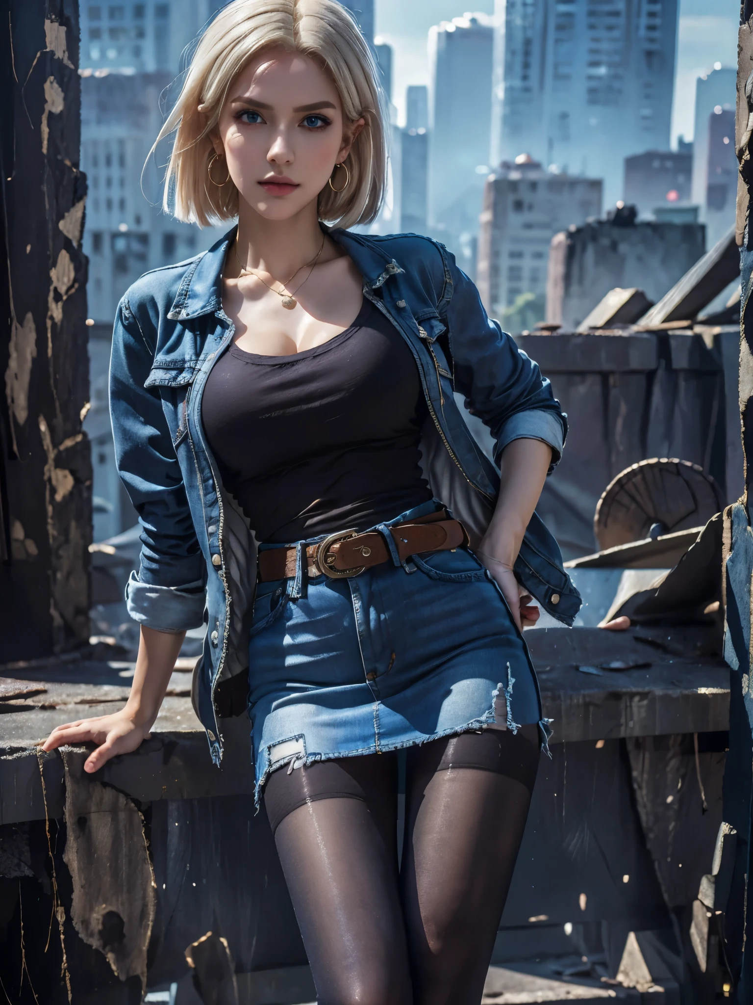 masterpiece, high resolution, 8,000,( Portrait Photos:1.5),(R Original Photo),Reality,Digital Photography,(Ruins of the Apocalypse ),City ruins,Single,Enjinight, 1girl , Android 18, Alone, blonde hair, pantyhose, Denim skirt, skirt, denim, blue eyes, belt, black tanktop, realistic, earrings, Pearl Necklace , denim jacket, clenched hands, short hair, striped, striped sleeves, black pantyhose, shirt, breasts, striped shirt, jacket,close-up