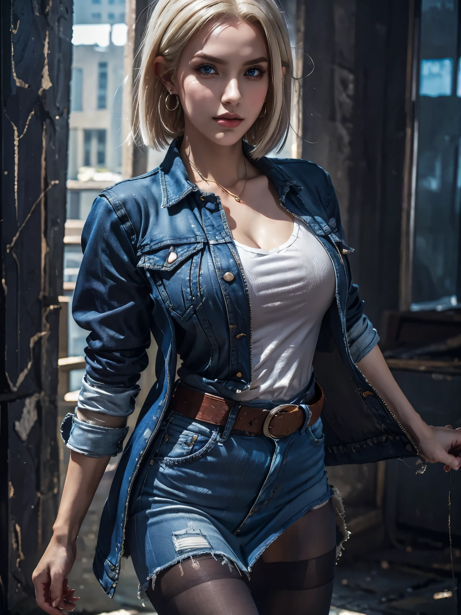 masterpiece, high resolution, 8,000,( Portrait Photos:1.5),(R Original Photo),Reality,Digital Photography,(Ruins of the Apocalypse ),City ruins,Single,Enjinight, 1girl , Android 18, Alone, blonde hair, pantyhose, Denim skirt, skirt, denim, blue eyes, belt, black tanktop, realistic, earrings, Pearl Necklace , denim jacket, clenched hands, short hair, striped, striped sleeves, black pantyhose, shirt, breasts, striped shirt, jacket,close-up