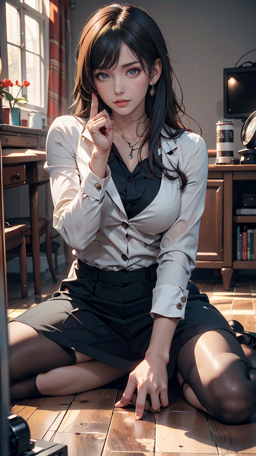 (8K,Photorealsitic Raw photography top-quality;1.4) (1 mature female) Super beauty (Lifelike face) Muscular and macho female body (Black hair short bob) Elite Female Head enticing Beautiful expression White blouse and brown skirt Wear a brown jacket 超A high resolution A hyper-realistic real looking skin high detal A room in the company Sitting cross-legged in a fancy chair with documents in hand