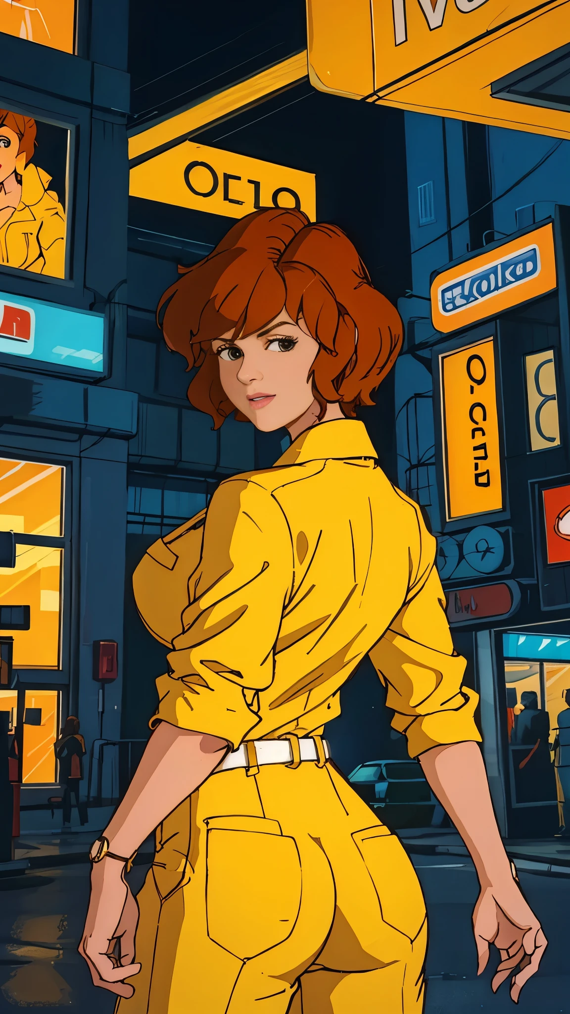 unreal engine:1.4,UHD,The best quality:1.4, photorealistic:1.4, skin texture:1.4, masterpiece:1.8,posing from behind Abril O'Neil waifu, 1980s \(style\), 1 woman, brown hair, Red hair,short hair,orange hair,serious expression, worried expression, Retro art style, short hair, only, female television reporter, yellow jersey suit, white belt,jersey suit on yellow hips, (naked_old: 1.2), half_old, neckline, hyperrealistic eyes, beautiful eyes,detailed eyes, realistic face, beautiful woman woman, realistic background,urban street, Cyberpunk street night lights, Amazing lights, amazing background, tv reporter