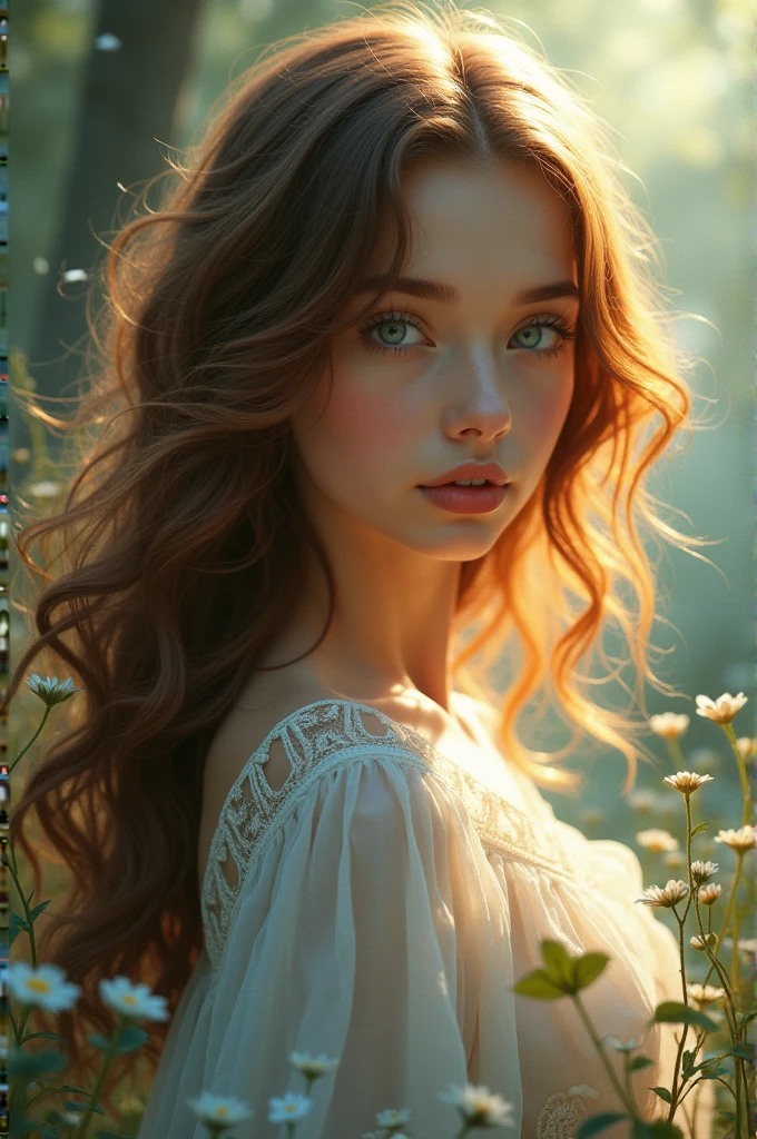 (Photorealism:1.2), beautiful girl,Full Body Focus , She has long, shiny, shoulder-length curls and a flower crown.. Both cheeks are covered with hair. She is wearing a super detailed, beautiful blue, fluffy, soft, flared dress.,Background is flowers and trees in the forest々It is very clear and beautiful,The hair looks so pretty in the light,