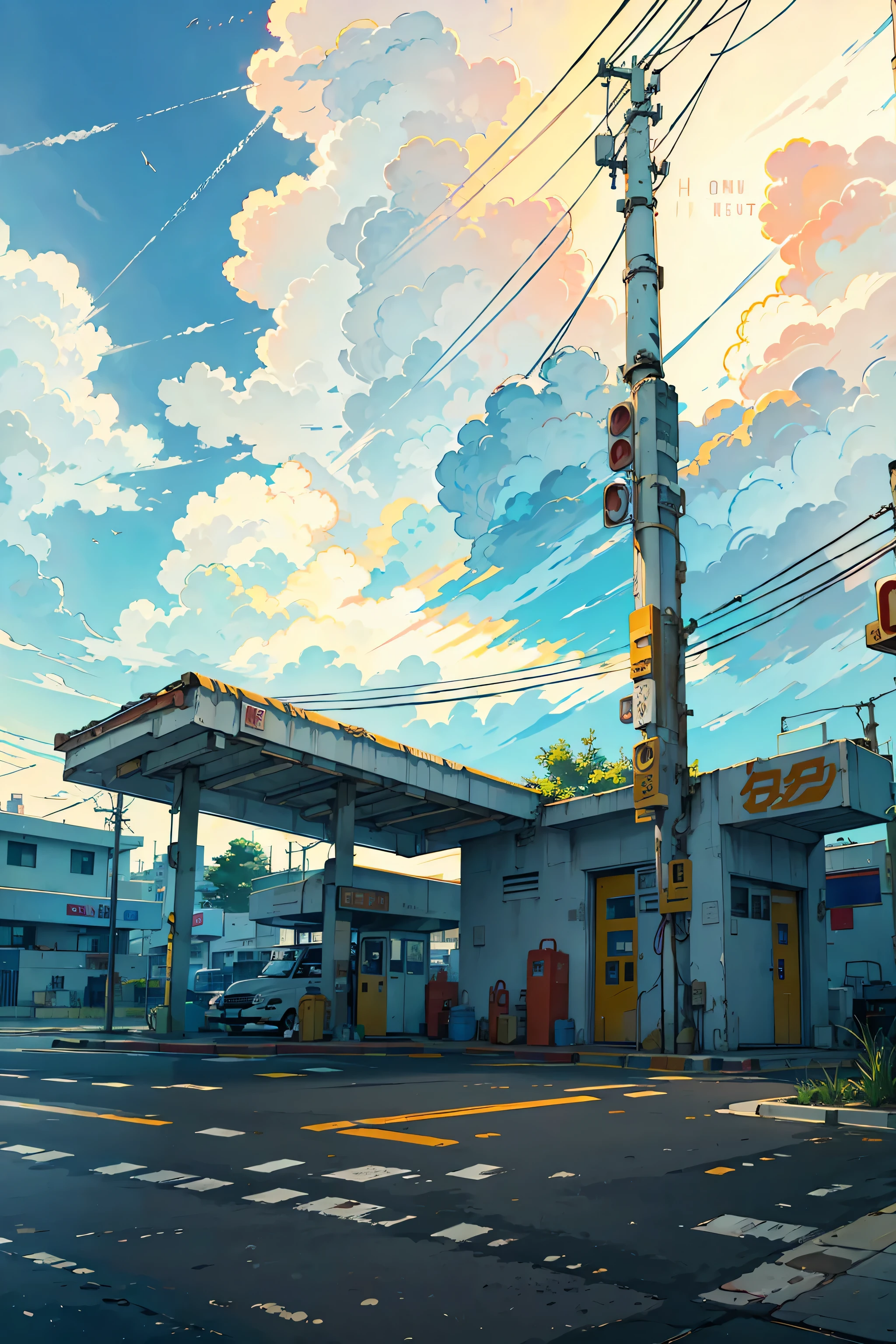 Gas station , Vivid colors, very detailed, Masterpiece quality, cloudy sky, The power pole , Wide Angle View