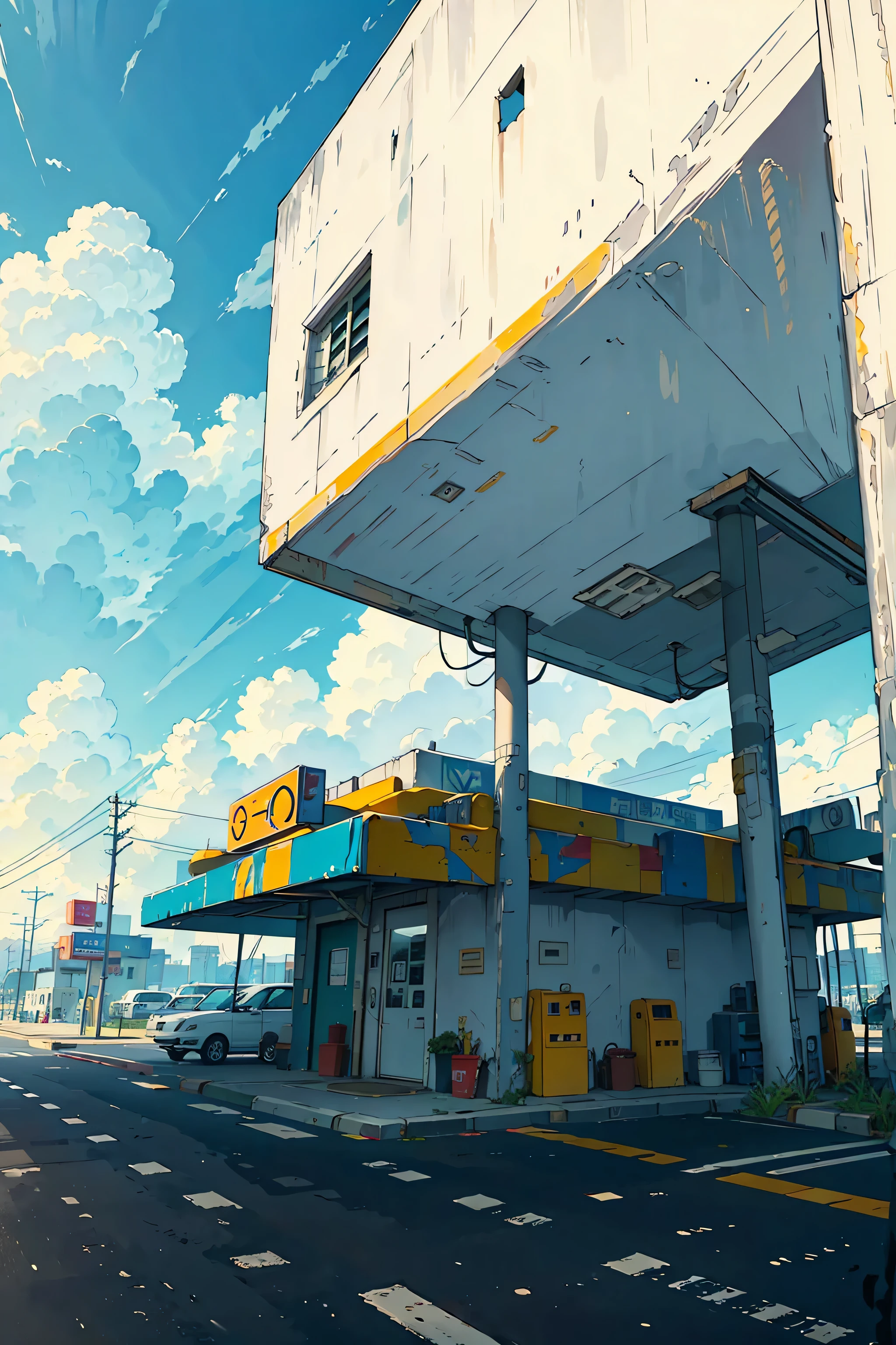Gas station , Vivid colors, very detailed, Masterpiece quality, cloudy sky, The power pole , Wide Angle View
