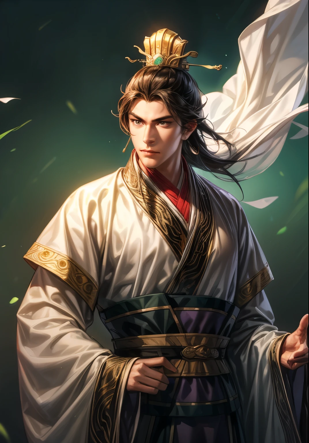 Han Dynasty Landscape、Three Kingdoms、Full Body、(Highest quality,4K,8k,High resolution,masterpiece:1.2)、Very detailed, High resolution,hyper HD、Studio Lighting、Ultra-fine painting、 Sharp focus、 Physically Based Rendering、 Very detailed explanation、 Professional、 Vibrant colors、Traditional Chinese Painting Techniques、 Atmospheric lighting、 Vivid color contrast、Very detailed目と顔、 Beautiful attention to detail、 Light on the face、young man wearing black Hanfu、(Hanfu: 1.2)、Eyes are green, perfect body, (((ung man)))、anatomically correct、Dynamic Pose、((emperor))、(Qin Shi Huang), Dragon pattern,The facial details are very rich,Emperor of the Qin Empire,wearing a crown,((emperor's clothes))