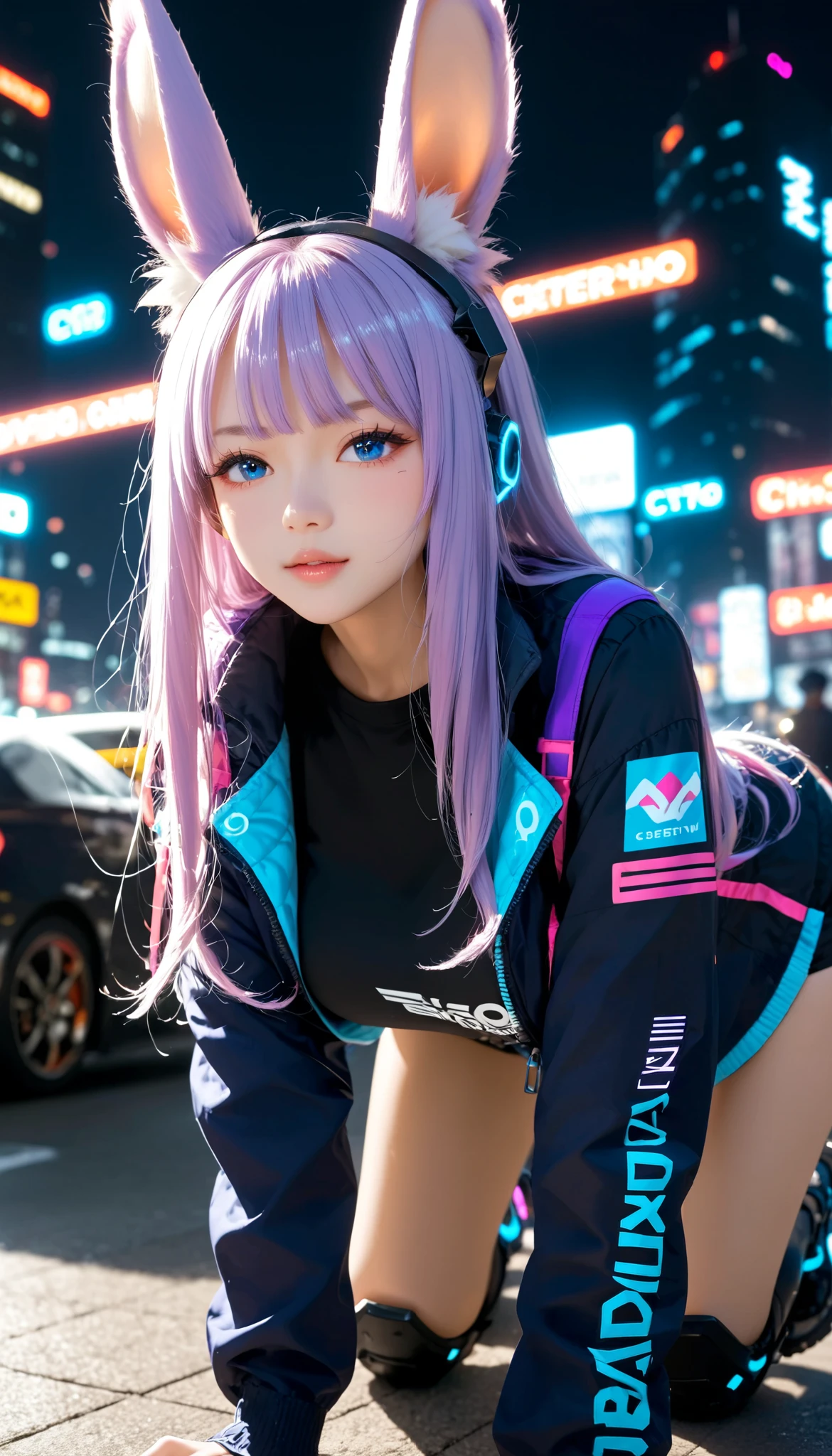 score_9, score_8_ up the side, score_7_ up the side, s up the sideer detailed, viera, Hausmo style , cyberpunk. robot .32K, top quality, s up the sideer high definition ,nsfw, Official Art,( long hair 、 purple hairstyle 、 with fine blue eyes, Hiding ears with hair , Ears are hidden by hair ) Big Breasts、( Chest、 柔らかな質感のChestストラップ ) slightly protruding nipples 、 on all fours, トップダウン・ボトム up the side, Split Leg Forward Bend 、( Black high performance cybersuit with neon borders 、 cyber armor that manipulates messengers、 Purple Mechanical Design Part Decorations 、:1.5)(Chestとへそ出し )( purple luminous parts :1.4)( Wear a purple tech design coat over a jacket )( cyber city、 Skyscraper Rooftop )( soft lighting of surrounding buildings 、 look down)