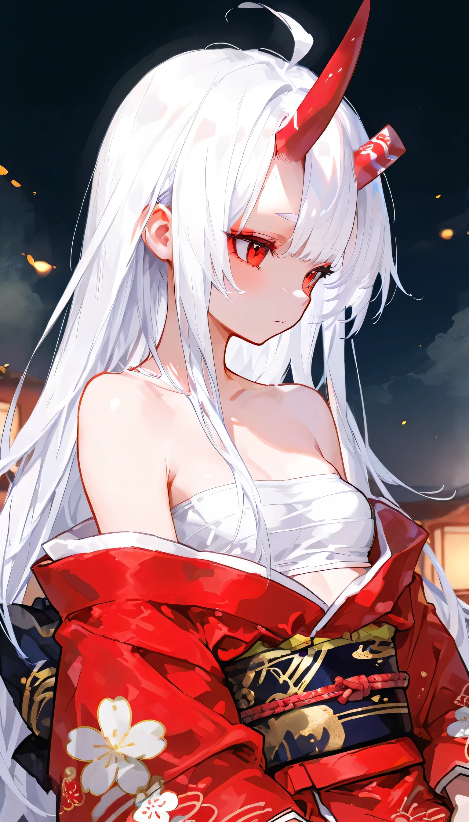 (((highest quality, High resolution, Japan Manga))) ,red eyes,red horn,devil's horns,white hair, 1 girl, alone, looking at the viewer, silver hair, medium breasts,closed mouth, clavicle, kimono,白いkimono,Two-dimensional beautiful girl,Japan anime beautiful girl,snow girl