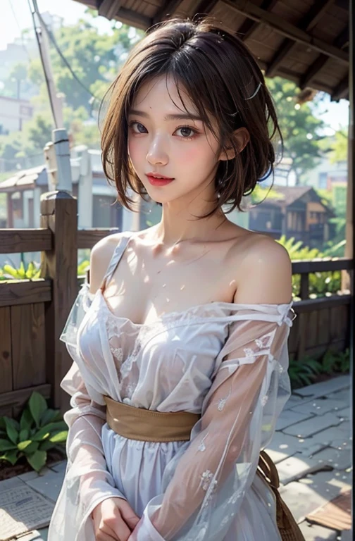 ((Highest quality, 8k, masterpiece:1.3)), concentrated: 1.2, Perfect Body Beauty: 1.4, Hips: 1.2, ((Layered Haircut, chest: 1.2)), (Wet clothes: 1.1), (rain, street:1.3), Bandeau dress: 1.1, Highly detailed face and skin texture, Beautiful Eyes, double eyelid, Whitening skin, Long Hair, (shut up: 1.3), smile information