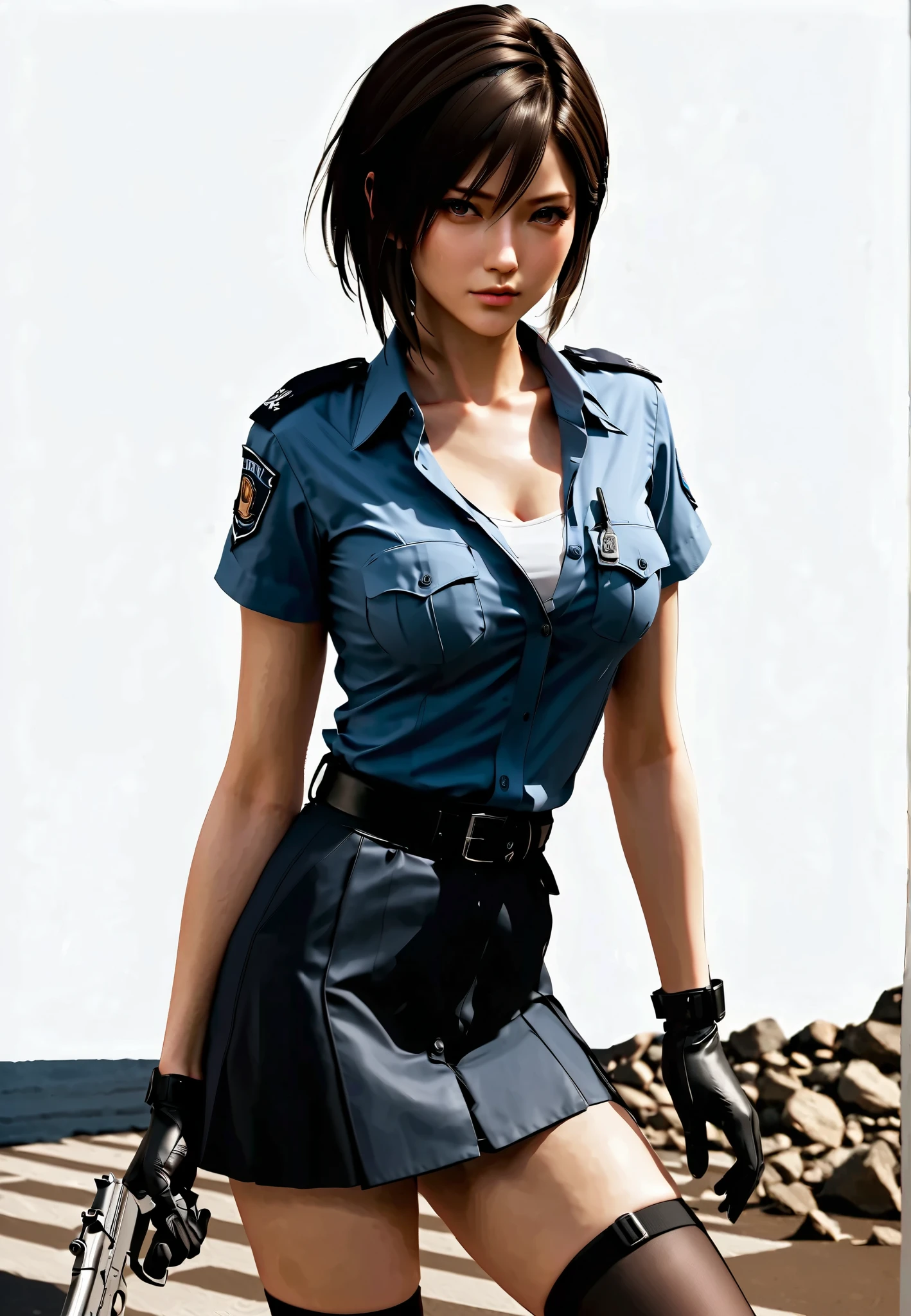 （ high quality， highest resolution ，Different image ，realistic）， an 18 year old policewoman ，Role: Jill Valentine ，Beautiful purple short hair ， Chest full ， Ultra-Fine Face ，attention to detail， Double Eyelids，（ wearing a blue collar button-down shirt ，White on the inside of the shirt）， eyes are sharp black ，Grey gloves、 Black Shorts 、 Black Stockings 、 black boots、 tied a black belt with the words 「and」 ，She held a black pistol in her hands.，Hold the pistol grip position correctly 、 with city background  