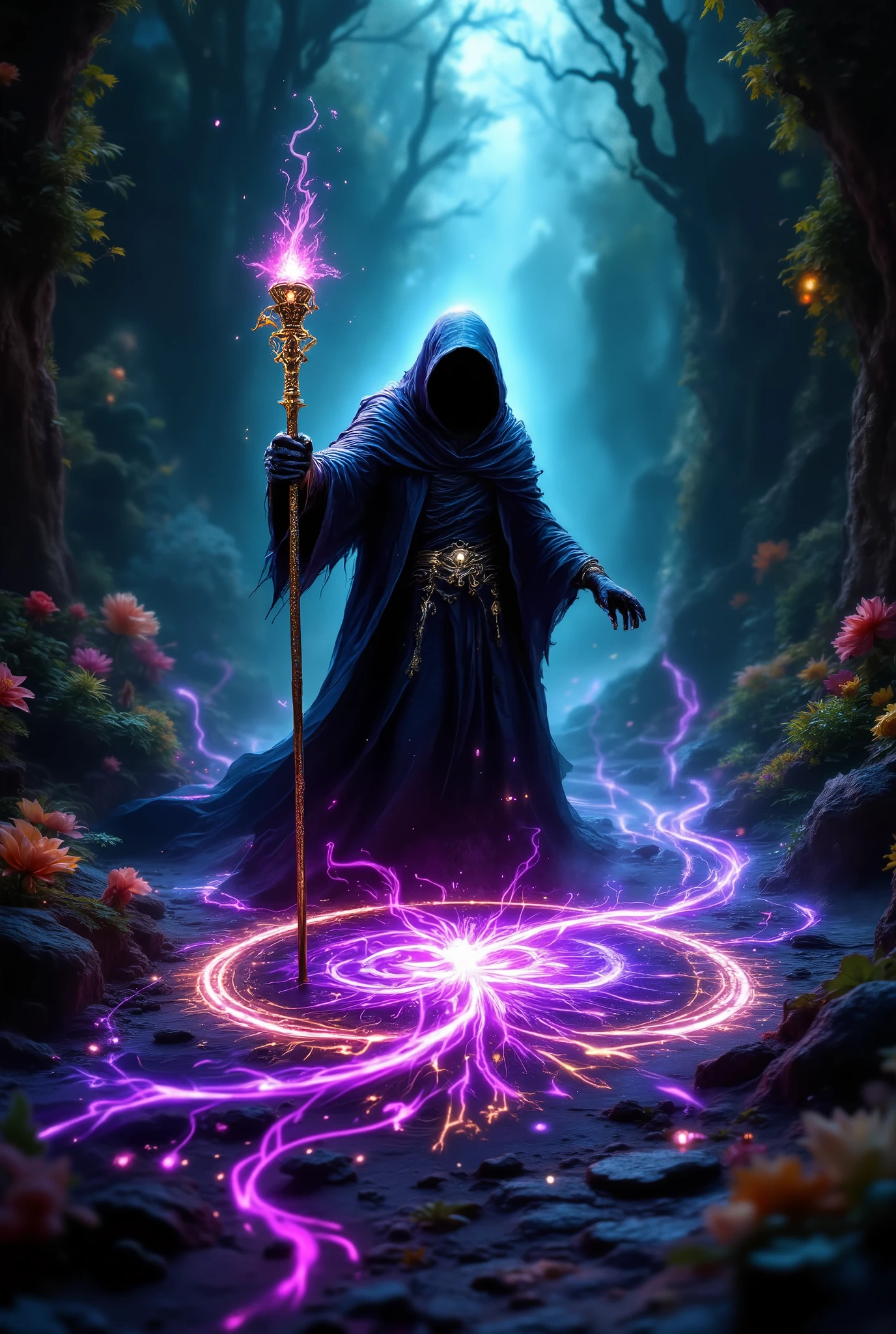 Mysticism, Fantasy, fantasy style, bright beautiful picture A colorful , magician with a cane draws a spell on the ground in sparkling marvelous color, Very Beautiful , masterpiece, 8 k, Best quality, complicated details, , the maximum amount of details , Excellent quality ,