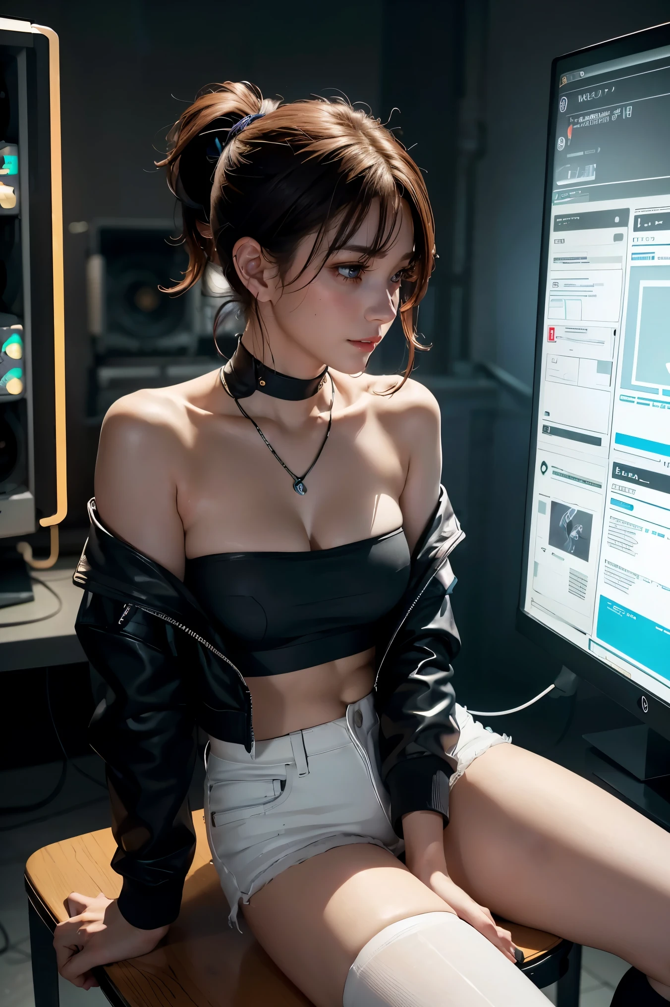 Best Quality, Best image quality, Very young girl, code, Hacker Style, curve,Hold a cigarette ,Smoke drifts from the cigarette,View the computer, A slight blush,、Side view、Deep purple, dark, cable, Vintage, cyberpunk, Medium Bust, Big Breasts, Sparkling amber eyes, Aqua Eye, Eye Reflexes, Long upper eyelashes, Long, messy hair, Wavy, top ponytail, ((Black sexy strapless short tube top)), Leather jacket, (White denim hot pants), ((Black thigh-high socks)), smile, Glowing headphones, Diamond earrings, Wristbands, necklace, ring, Sit on a chair, In front of the computer, Play video games,Data center background, deep purple theme, Night City、 Lean forward, Open one shoulder, joy, Beautiful art, background((Hacker Room, Server Room, Neon Light, Braces, Notes)), flight, Debris Scattered, Line depth, movie, Visual Arts, Perfect Art, Genuine, Verism, Anime Style, Shining Light, movie lighting, Chiaroscuro, Ray Tracing, 8k, masterpiece, Ultra-fine skin, Super detailed face, Perfect Face, Extremely fine facial detail, Beautiful and delicate eyes, Perfect Eyes, Correct limbs, Correct Fig, Super detailed fig, Best hair quality, Best Clothing Quality, Best Prop Quality