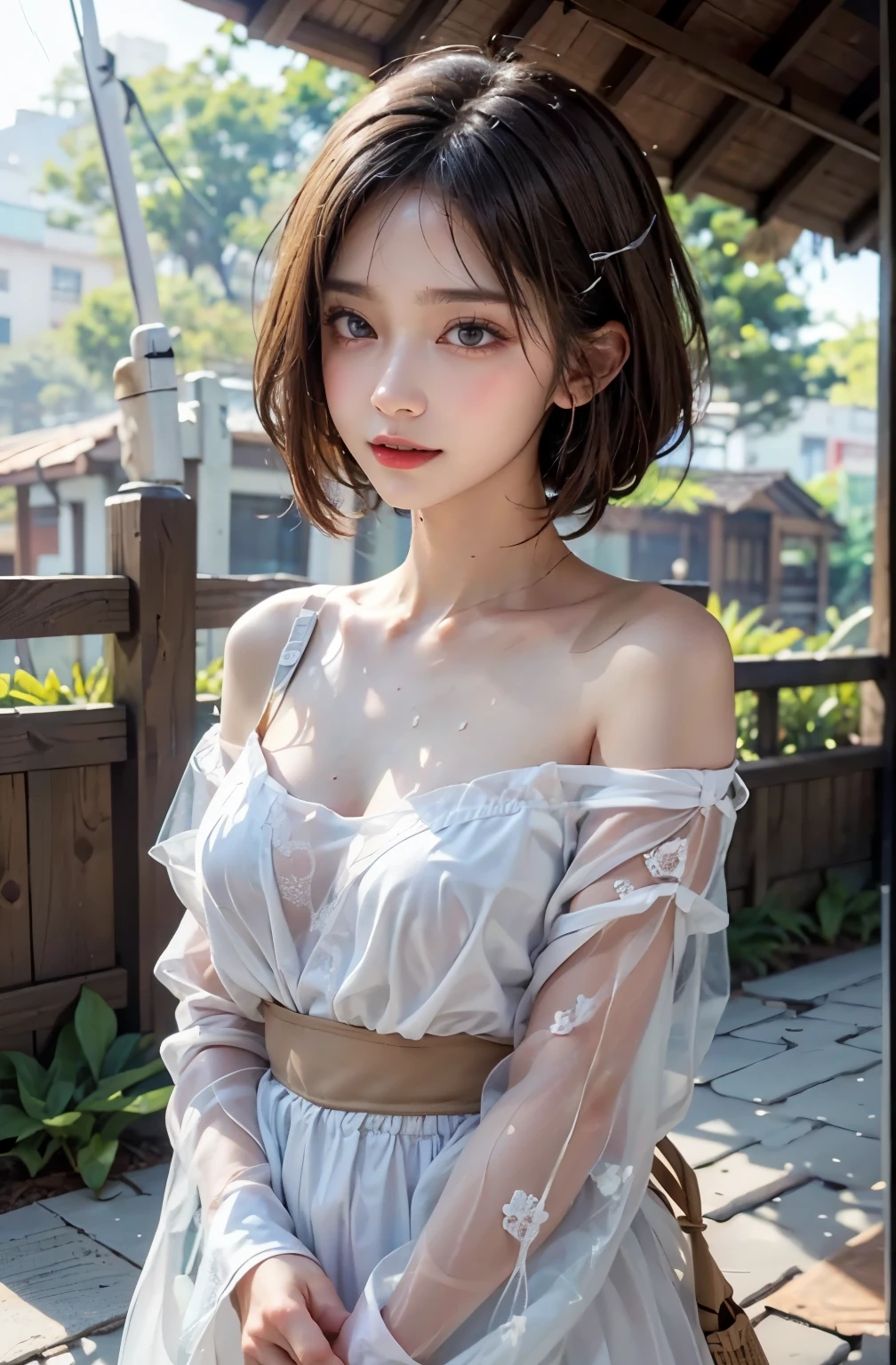 (8K, Best picture quality, tmasterpiece:1.2), (realisticlying, realisticlying:1.37), ultra - detailed, 1个Giant Breast Girl, Raised sexy, 独奏, Beautiful detailed sky, Detailed lakeside, natta, sitted, dated, (Nasal redness), (ssmile:1.15),(Keep one's mouth shut)middlebreast,美丽细致的眼睛,(collar shirt:1.1),natta,dampness,Life clothes,clear weather,White lace,(short detailed hair:1.2),Flowing hair NovaFrogStyle,