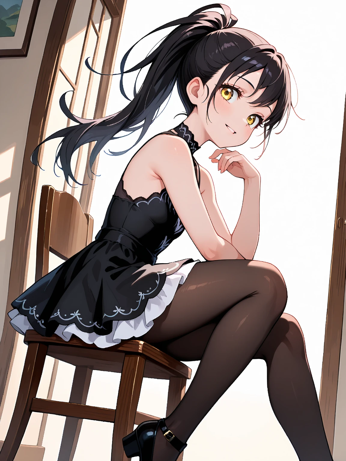 1girll,Black hair,white flower hair ornament,black lence stockings,Small black leather shoes,Sit upright in a chair,janelas,black off the shoulder dress,