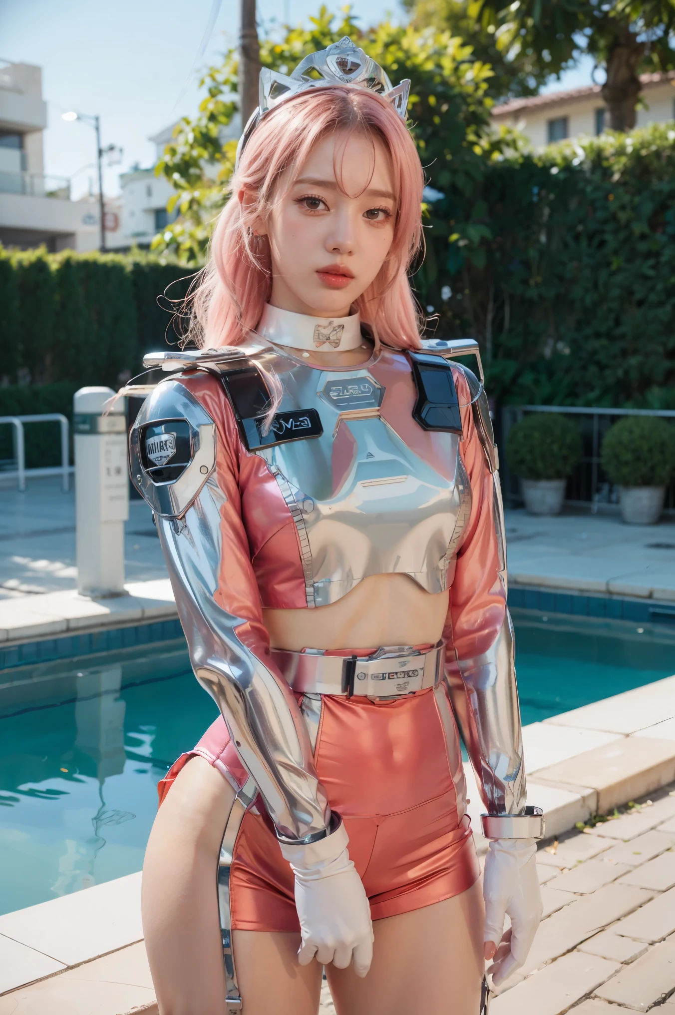 (8k, RAW photo, best quality, masterpiece), ultra high resolution, (realistic, photo-realistic), 1girl, emotionless, solo, pink hair, yellow eyes, professional lighting, detailed lighting, backlight, depth of field, natural lighting, sharp focus, two meter shooting distance, professional photo shoot, detailed eyes, realistic eyes, detailed shadow, cg game, cosplay, pink clothes with arm ring, suspenders, upper body, pink clothes, exterior, crown, Gundam, Mecha, robot, 1boy, white, full body, Illustration, cinematic light, high resolution, best quality, ultra detailed, masterpiece, power suit, powerranger, suit, spd, (silver royal guard ranger suit), gold detail, Highly detailed CG unity 8k wallpaper, Top Quality, A highly detailed, Masterpiece, realisitic, Photorealistic, very detailed cute girl, (25 Years Old), blush, round eyes, Medium Tits, viewer, semi-body shot, swimming race suit, Swimming arena