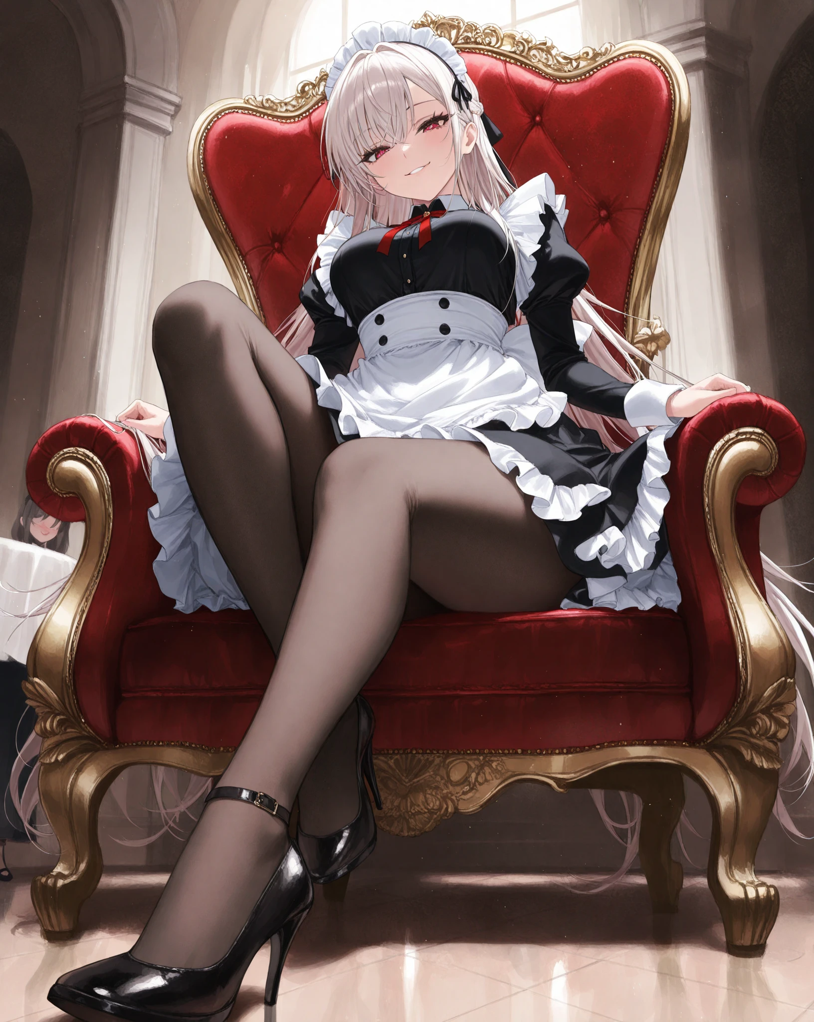 masterpiece, (1 girl) Best quality, Modeus (helltaker), (demon tail), red ribbed sweater,High neck, black skirt, Black jacket, Red eyes, (((White hair))),Medium short hair, pipes, hearts, (heart-shaped pupils), tights, black mid-calf stockings, sexy hips, sits on the toilet, poops, diarrhoea