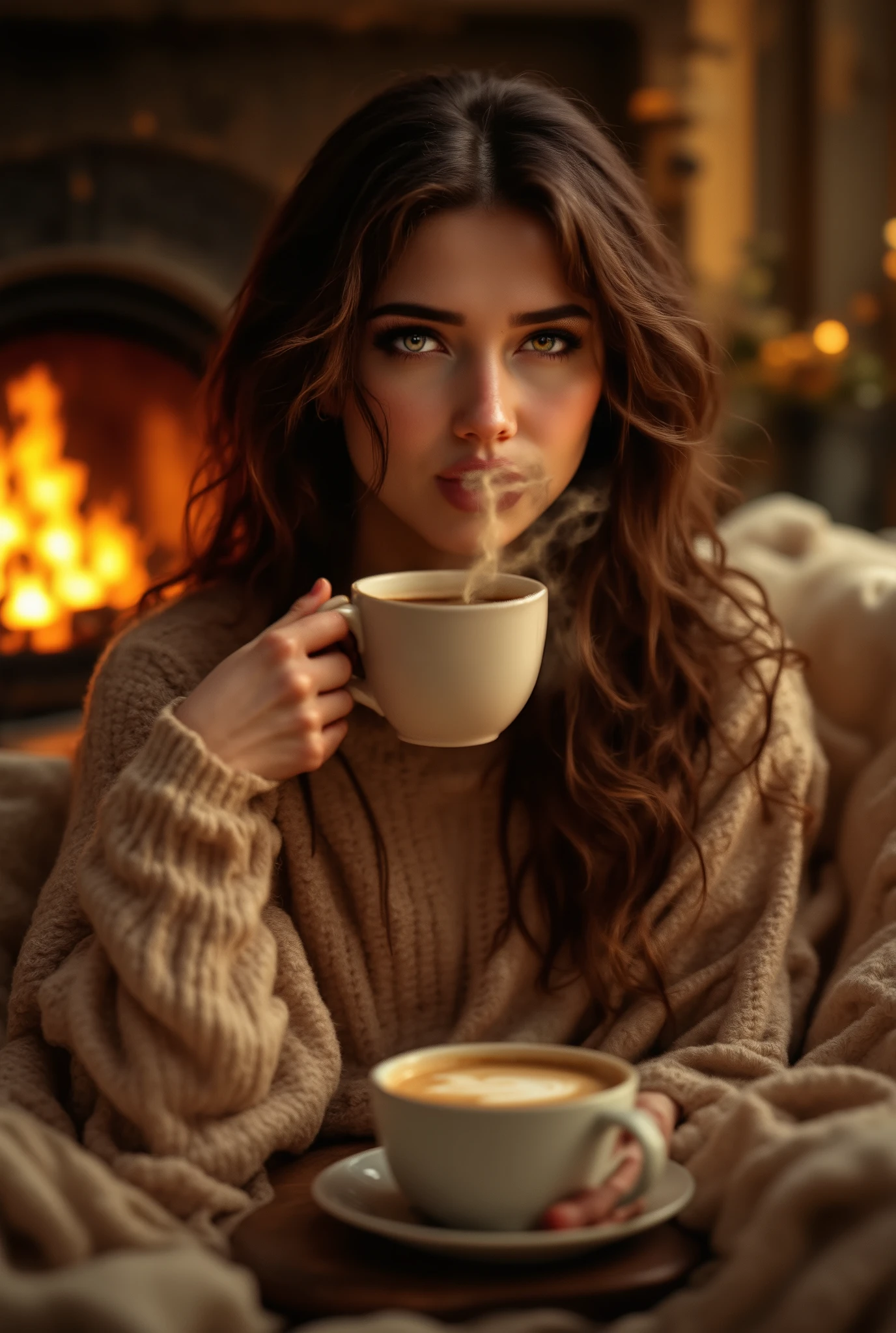 Very beautiful woman with beautiful long hair in a soft sweater and jeans, sits very nicely on the sofa in the room near the fireplace , in the hands a cup of beautiful coffee , nice warm lighting , masterpiece, 8 k, Best quality, complicated details, maximum details , maximum quality , an excellent amount of detail ,
