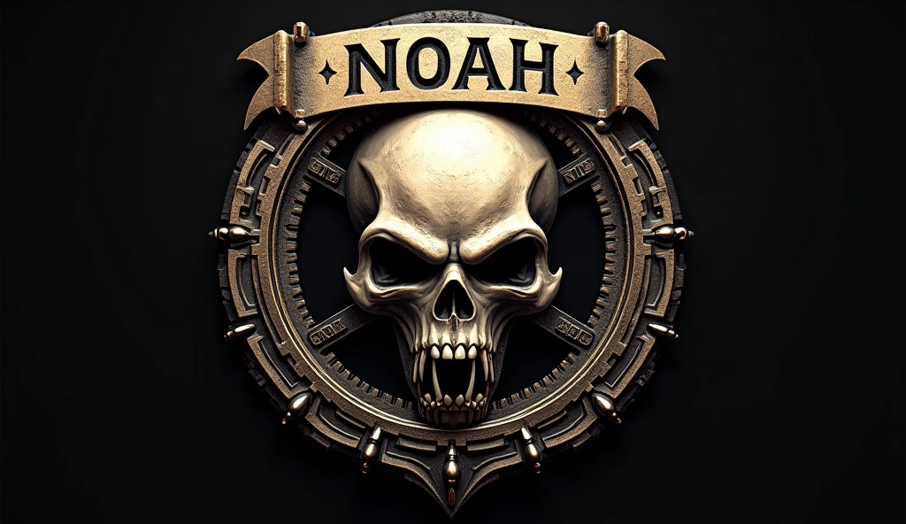 create an emblem for a secret society, incorporate angry skull, in a tab on top the word NOAH in caps, medieval, and sci fi elements, 8k, professional photography