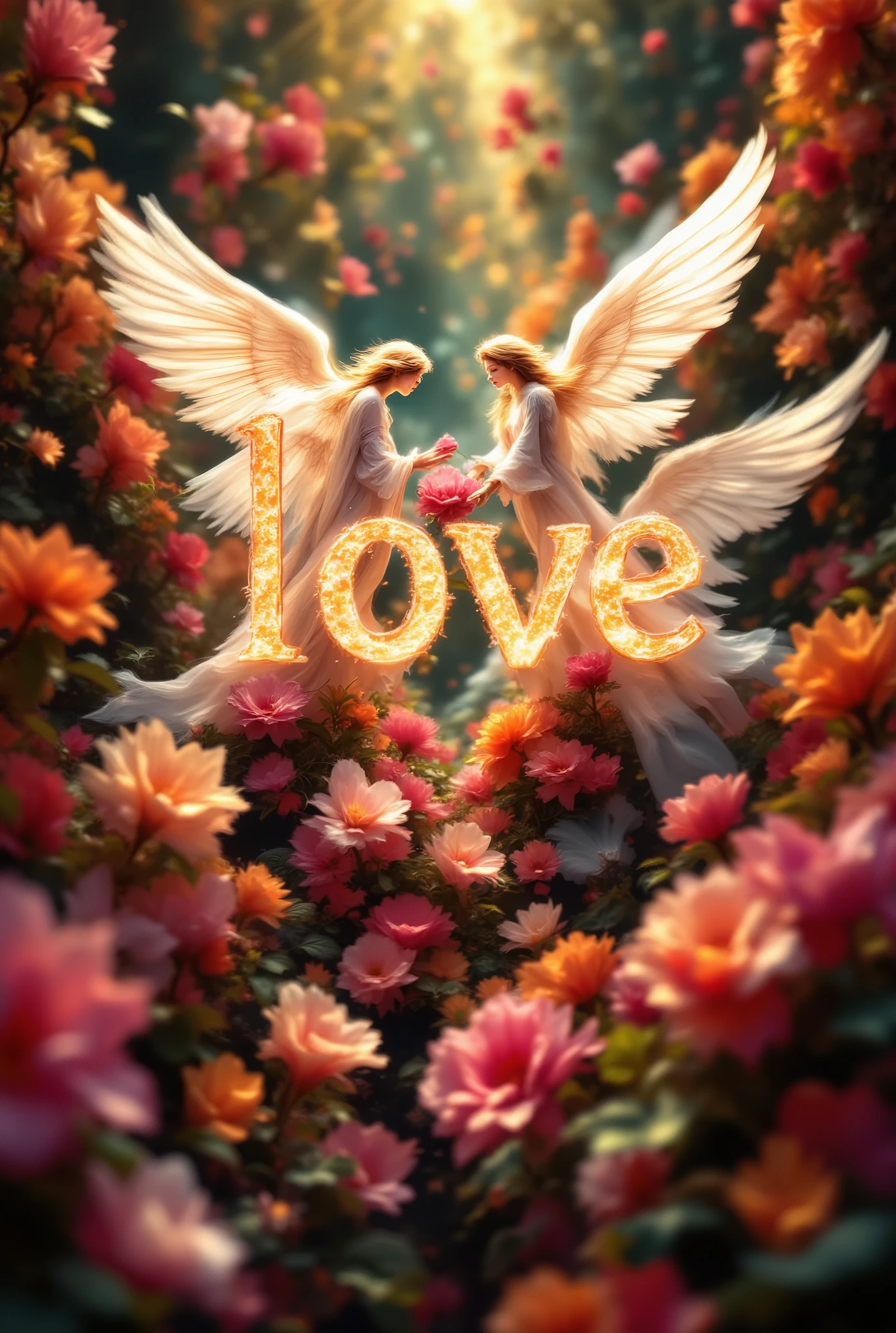 Beautiful wallpaper, with text "love" beautiful angels , beautiful flowers , outfits very bright and rich colors, Petals Are Circling , maximum number of details , masterpiece, 8 k, Best quality, complicated details,
