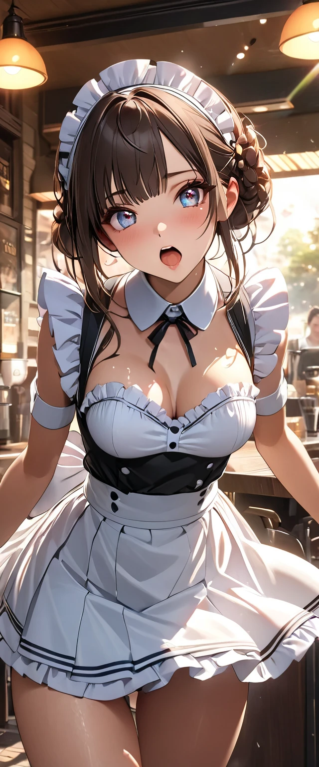 (Highest quality, masterpiece), (Ultra-high resolution, 8k RAW photos, Photorealistic:1.5, Cinema Lighting, Fabric Shading, Thin contours, Clear focus:1.2), Beautiful mature woman making tea_Garden party, Standing by the round table, Serve tea, Leaning forward, (Meisen tea set, you can, Tea cup, Some cakes on a plate), Delicate and elegant French style white table with gold accents and royal_green, (Wear White_茶色のMaid clothes:1.5, Cleavage, Maid clothes:1.2, Long Flared Skirt, apron, Bow tie on chest), Tall Sally, Long legs, Gray Hair, (Wearing thin glasses:1.2), (Mature Woman:1.5, 28 years old, alone), (Large Breasts, Saggy breasts, big , Tight waist), whole bodyesbian, (medium short Gray Hair, Hair on one eye, (Updo:1.2), Side Lock, Asymmetrical Hair, Wavy Hair), (thin and bright pupils, Highlighted, detailed eyes:1.3, A face with attention to detail, perfect face shape, Bloodshot eyes), (A seductive smile, Half-close your eyes:1.2), (Looking at the audience:1.3), (Dutch Angle, whole body:0.3, From below:1.2), ((Correct Anatomy:1.5, The right move)), (Ideal body proportions), (Outdoor:1.2, grassland), 