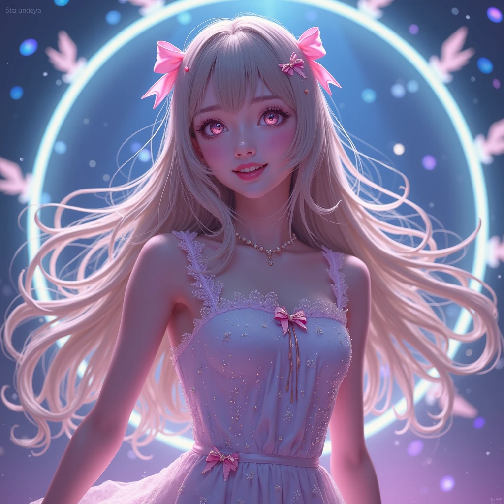 ((Highest quality)),(Ultra-high resolution),(Very detailed),(Detailed Description),((The best CG)),(masterpiece),Highly detailed art、Small breasts、(((See-through dress 1.5)))、hair ornaments、Tie your hair、Sparkly necklace、Ultimate Beauty 1.5、(((Cover your chest with both hands 1.5)))Blonde Hair Color、Smiling gently 1.2、