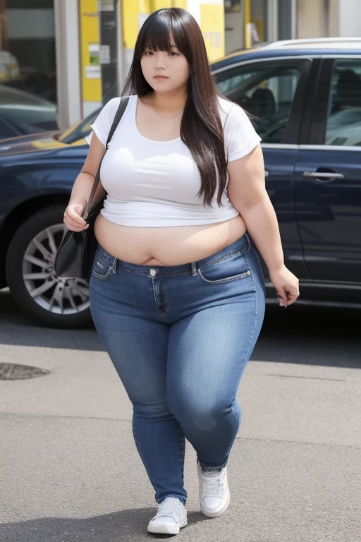 A really fat adorable cute obese young 17 year old fat girl which is 5 feet and 1 inch tall, with very kind feminine beautiful face, long curly beautiful hair, blue eyes, one whole huge bloated soft obese belly, very wide hips and obese wide thighs, huge fat booty, fat arms, huge , big breasts, smiling in a small tight jean skirt that doesnt cover her belly at all and also is wearing a gray crop top. Walking in a fancy mall while holding some bags