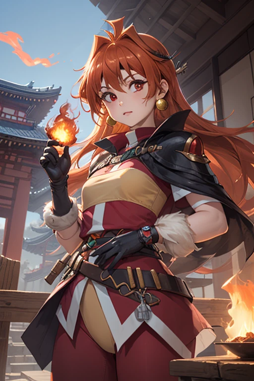(masterpiece, best quality, official art), 1girl, slayer_lina, orange hair, long hair, red eyes, wearing gloves, hands burning, (clenched hands:1.2), dragon behind her, flaming dragon, cowboy shot, looking at viewer, (east asian architecture:1.1), intricate details, dynamic colors,