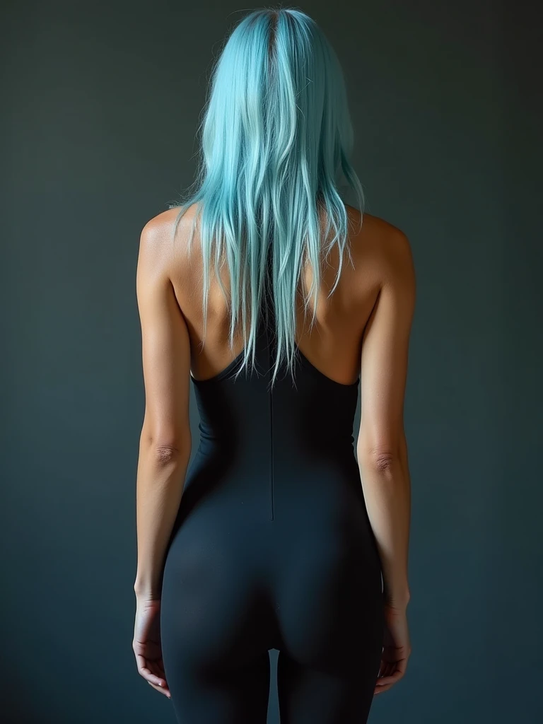8K, Top Quality, Intricate Details, Ultra Detail, Ultra High Resolution, Masterpiece, close up shot, shot from behind, (Looking back), standing, Slender, Smile, blue hair, (Makeup: 0.4), (Fluffy Blue Eyes: 1.21), 1girl, solo, 1 girl, (( full body)), close up shot, , ((tall)), (((fit body))), (((slim face))), sharp face, )), (detailed face), sharp face, small lips, ass up ,
((naked)), detailed face, detailed breast, , large breast, detail ass,large ass , Beautiful girl , Bust Botox, Big, Perfect Body, detail leg, (( dark background)), black background,