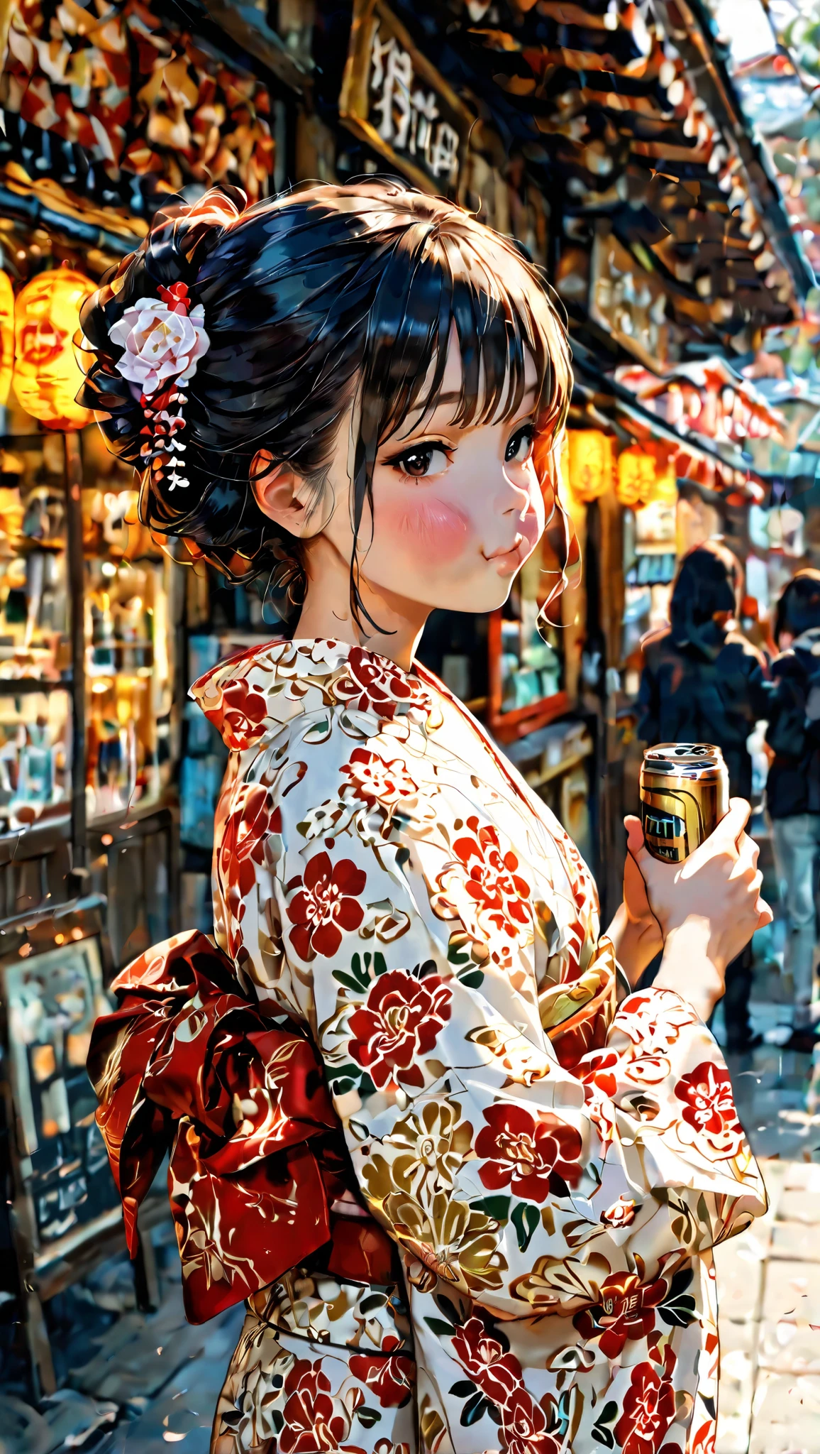 Beautiful Japanese woman in a kimono drinking a cocktail in a dimly lit Paris bar　Bar in Paris　European　Very beautiful Japanese women　Depiction of the upper body　Detailed eyes　With a melancholy look　sorrow　　Jazz Bar 　watercolor　watercolor art　Ink illustration　Highest quality　Highest quality　smokyで薄暗い雰囲気のJazz Bar　Blurred Background　bluesy